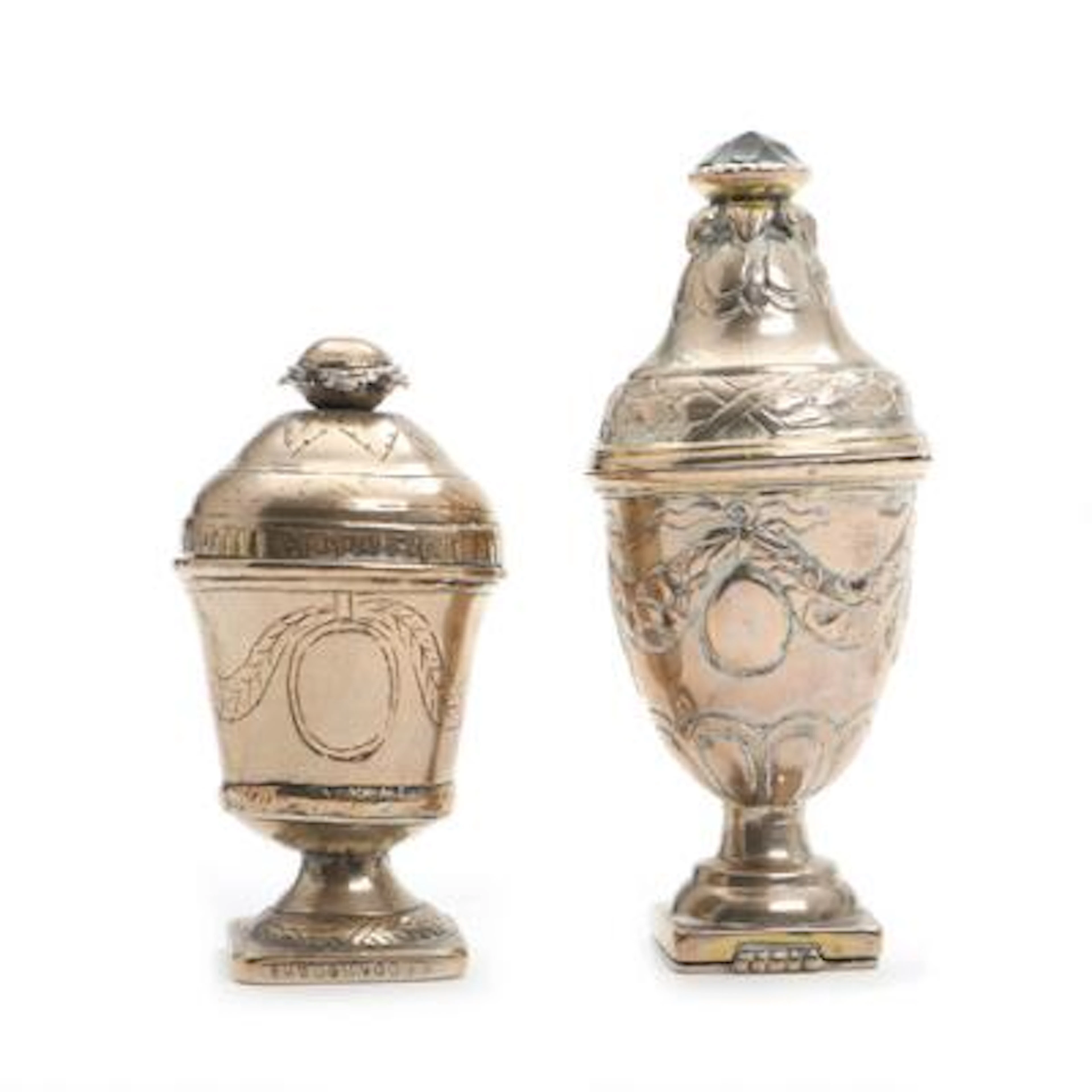 Two silver vinaigrettes, one decorated with faceted glass stone. 19th