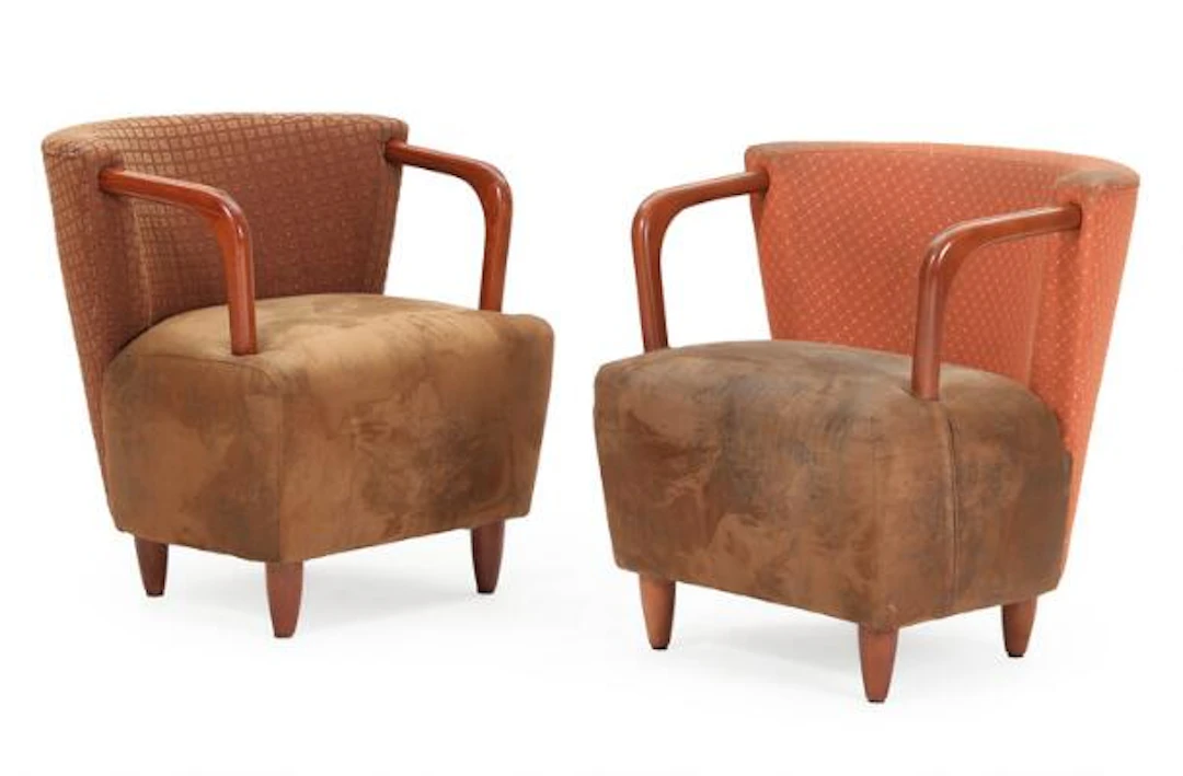 Unknown furniture design: Two easy chairs with stained wooden legs