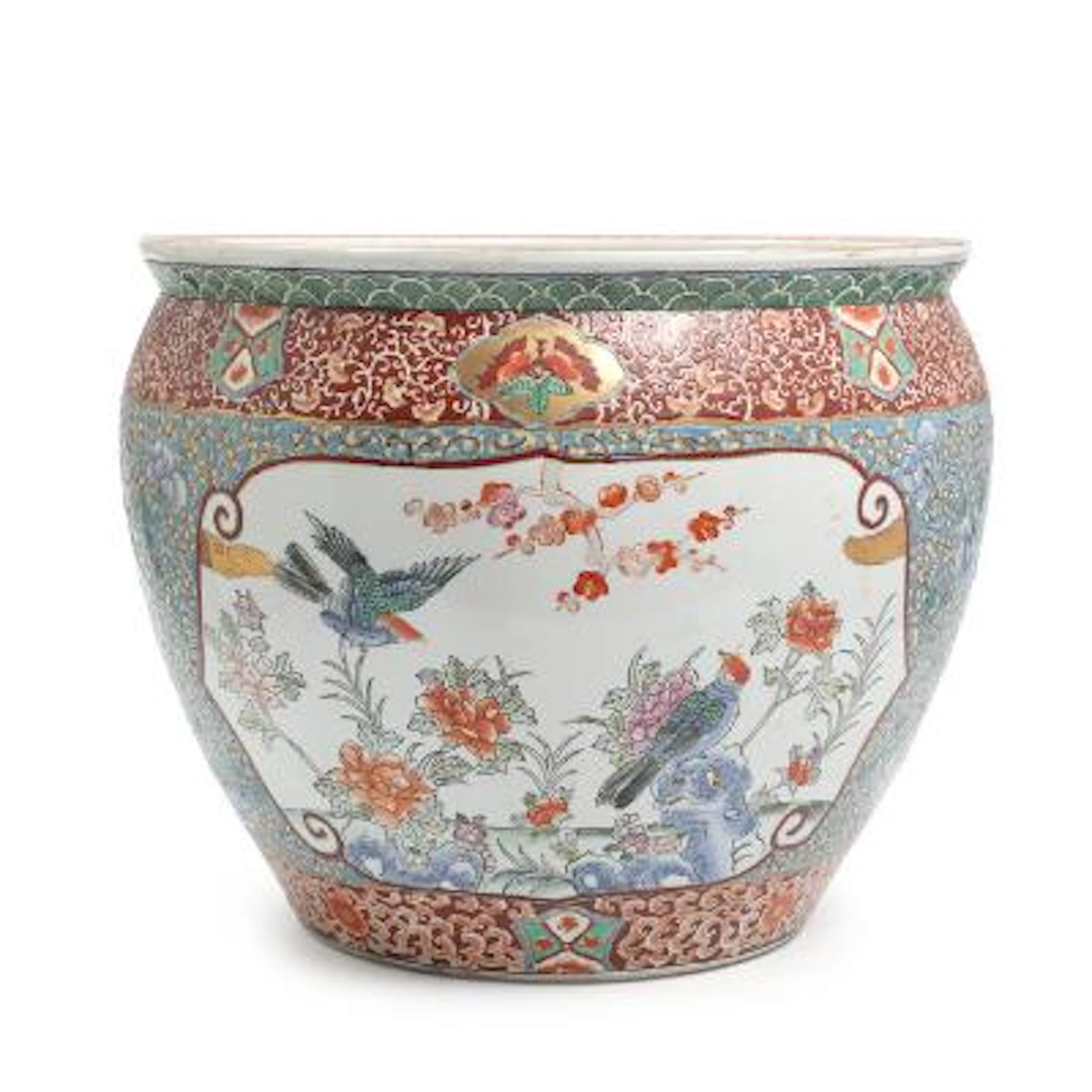 Chinese porcelain fish bowl, decorated with birds and flowers. 20th
