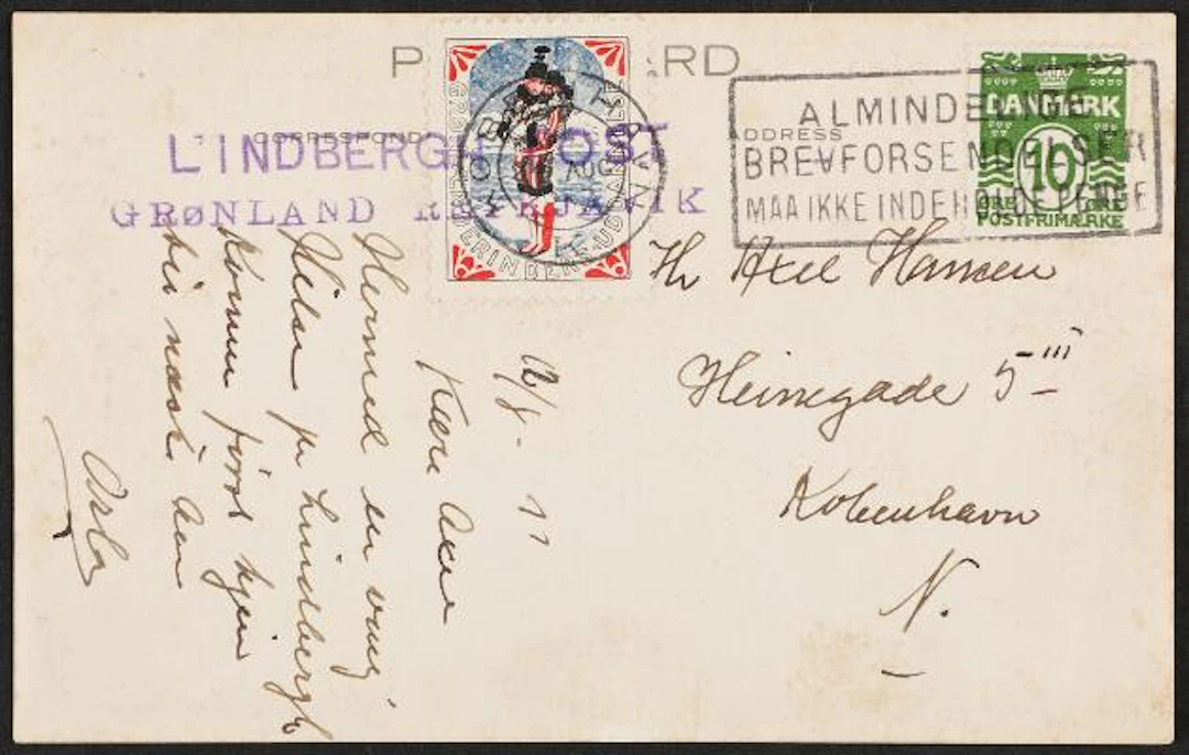 1933. CHARLES LINDBERGH FLIGHT. Postcard from Greenland to København