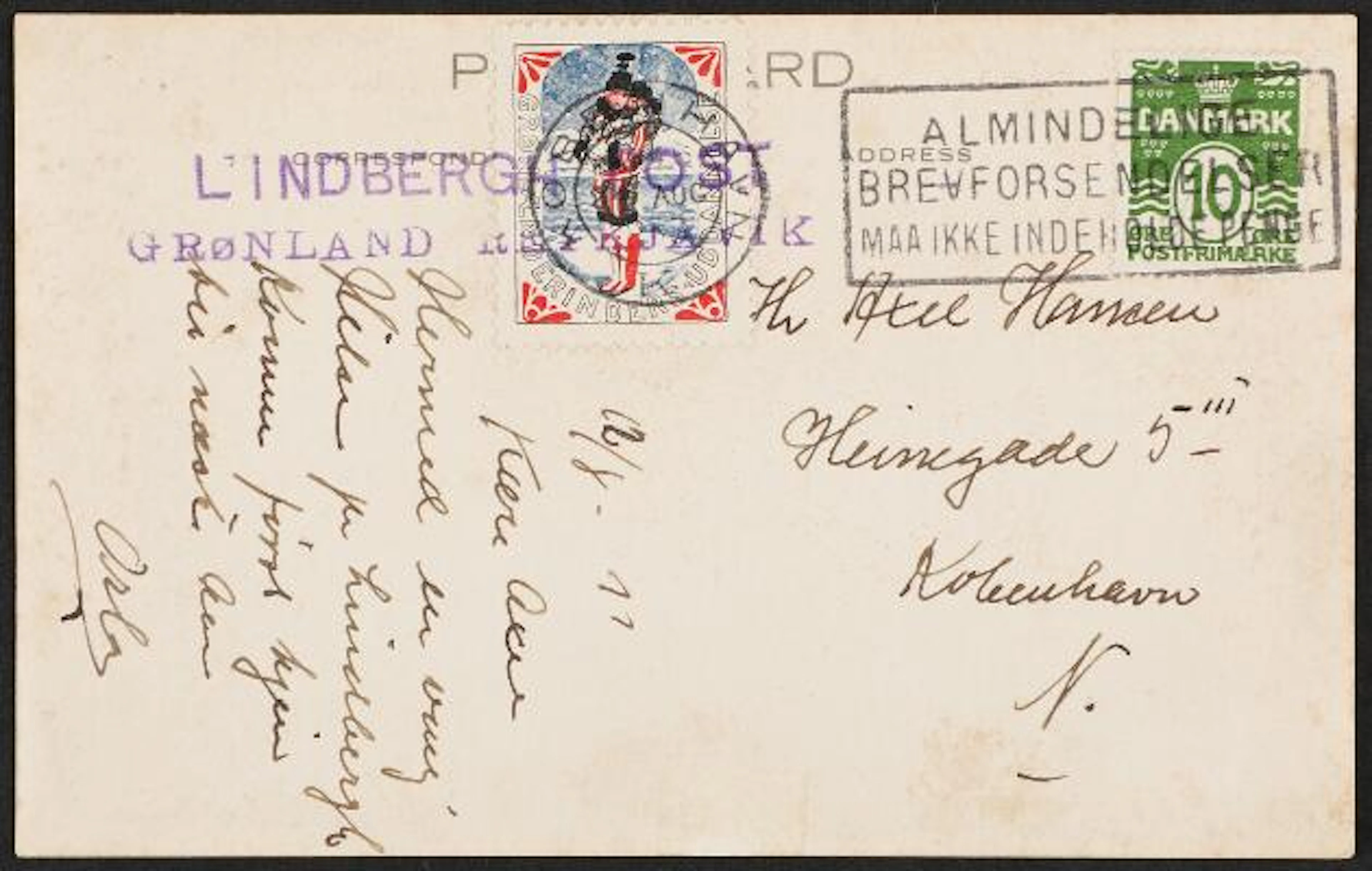 1933. CHARLES LINDBERGH FLIGHT. Postcard from Greenland to København