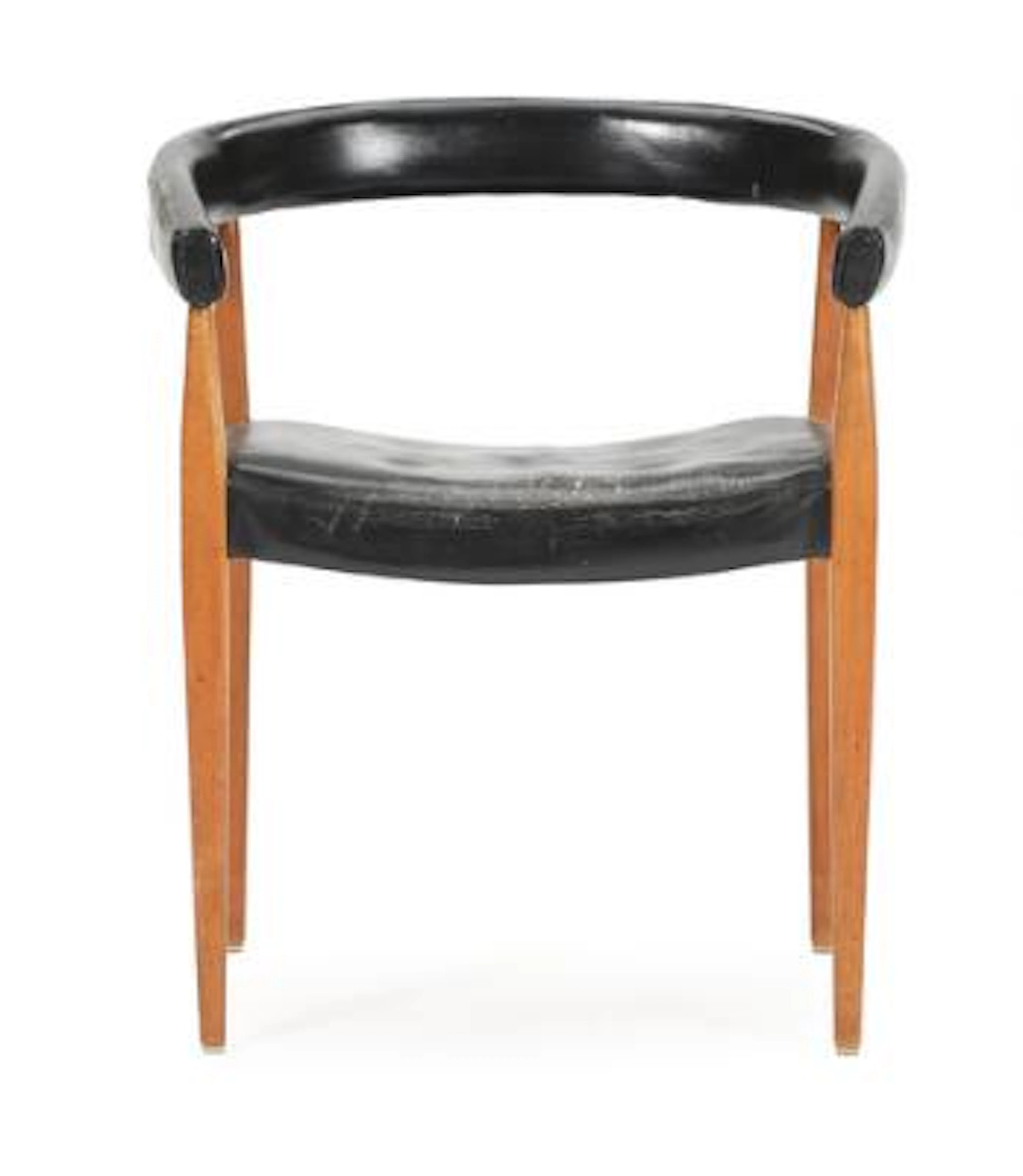 Nanna Ditzel, Jørgen Ditzel: Teak armchair, upholstered in black leather.