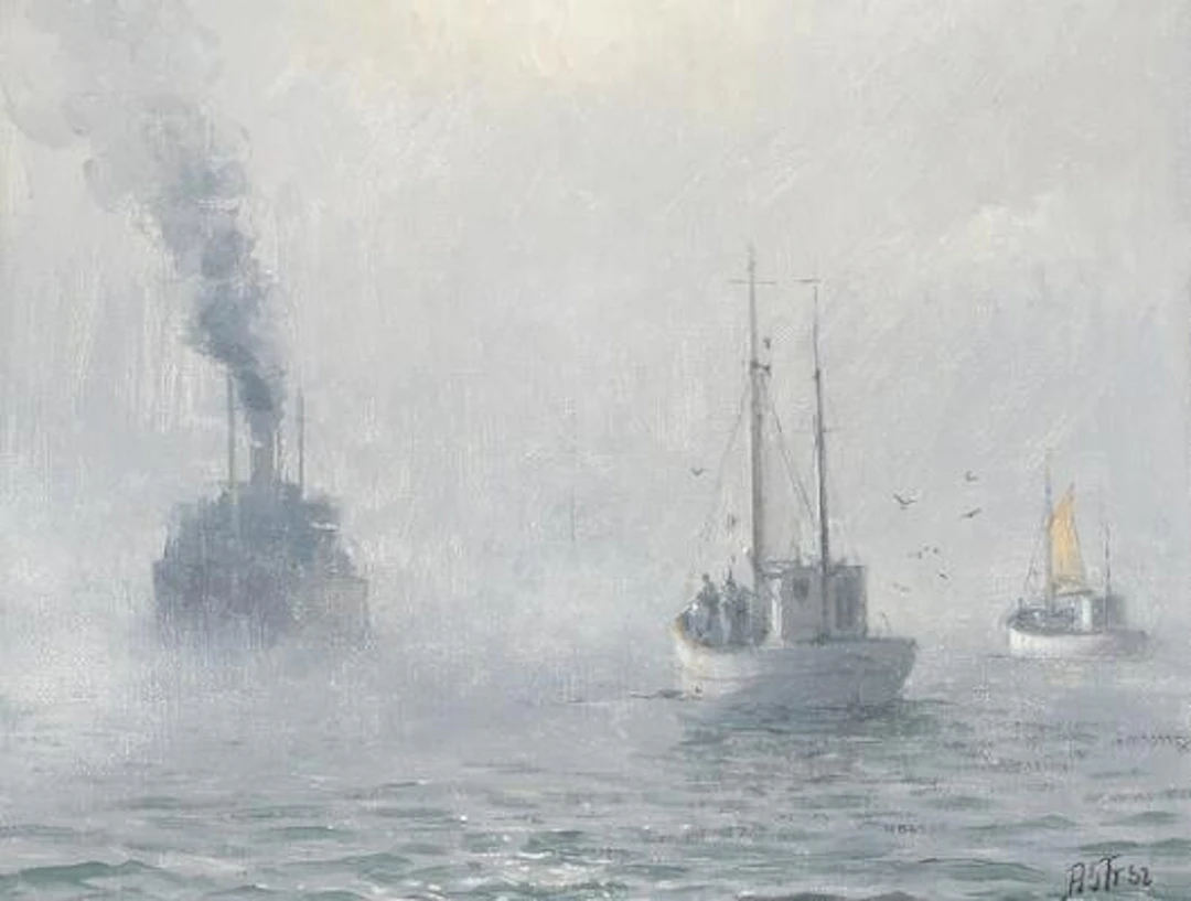 Arne Skottenborg Frederiksen: "Tåge på Doggerbanke". Signed. Oil on