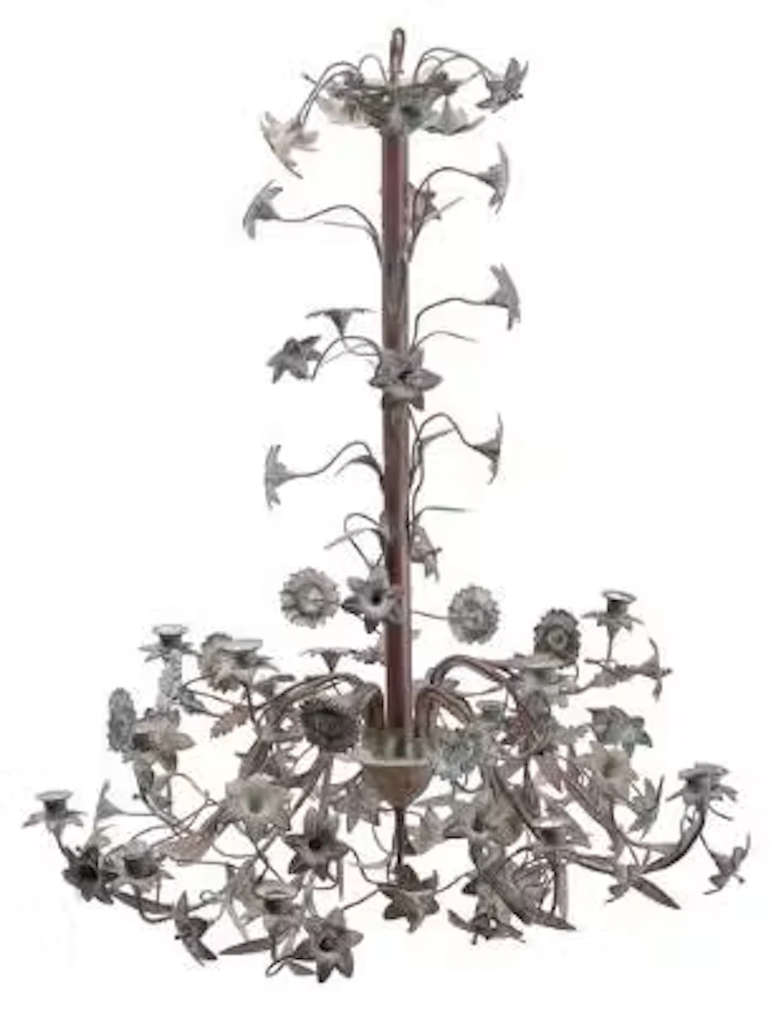 French chandelier in patinated copper with fifteen light arms in two
