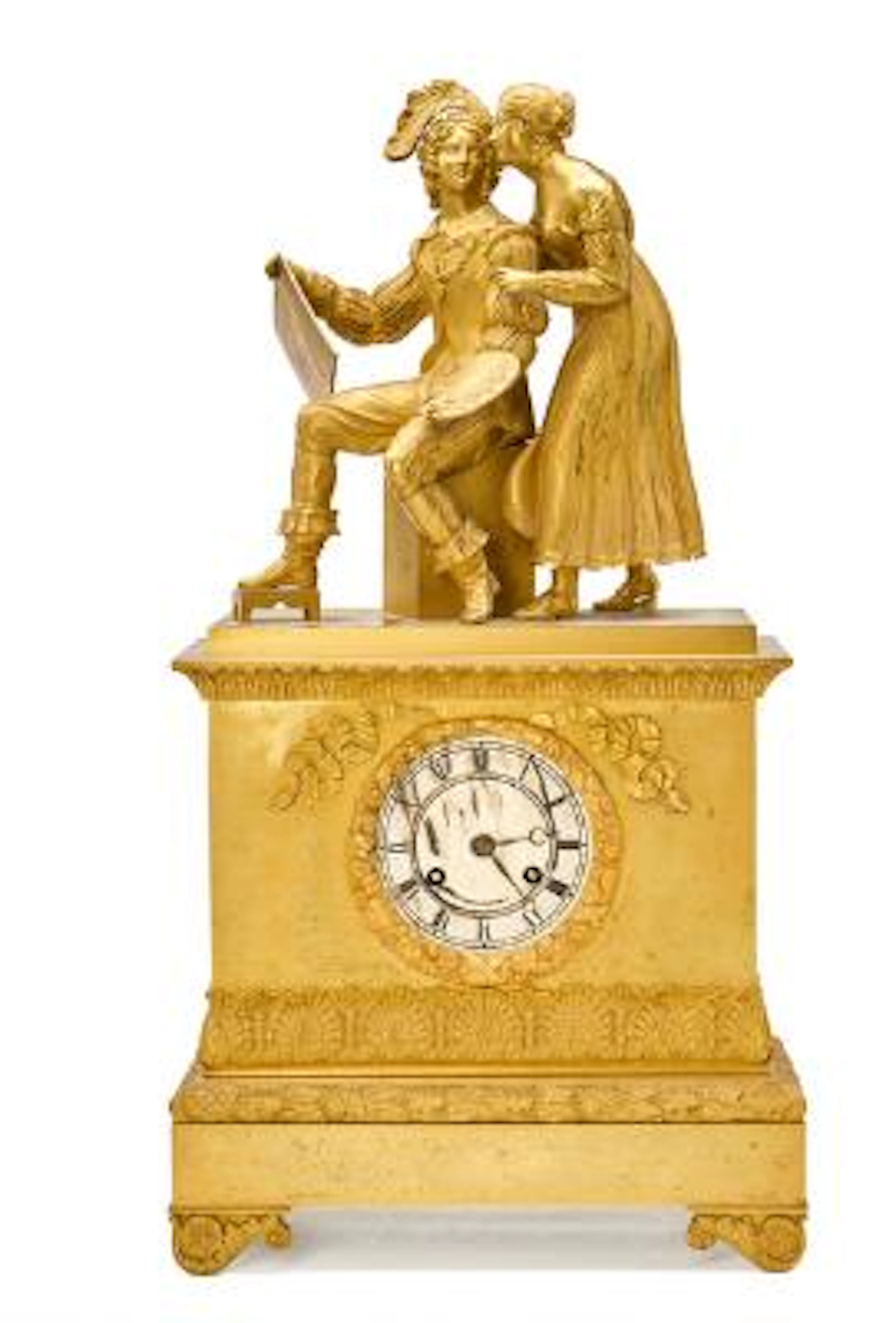 A late Empire mantel clock in a gilt bronze case. French, early 19th