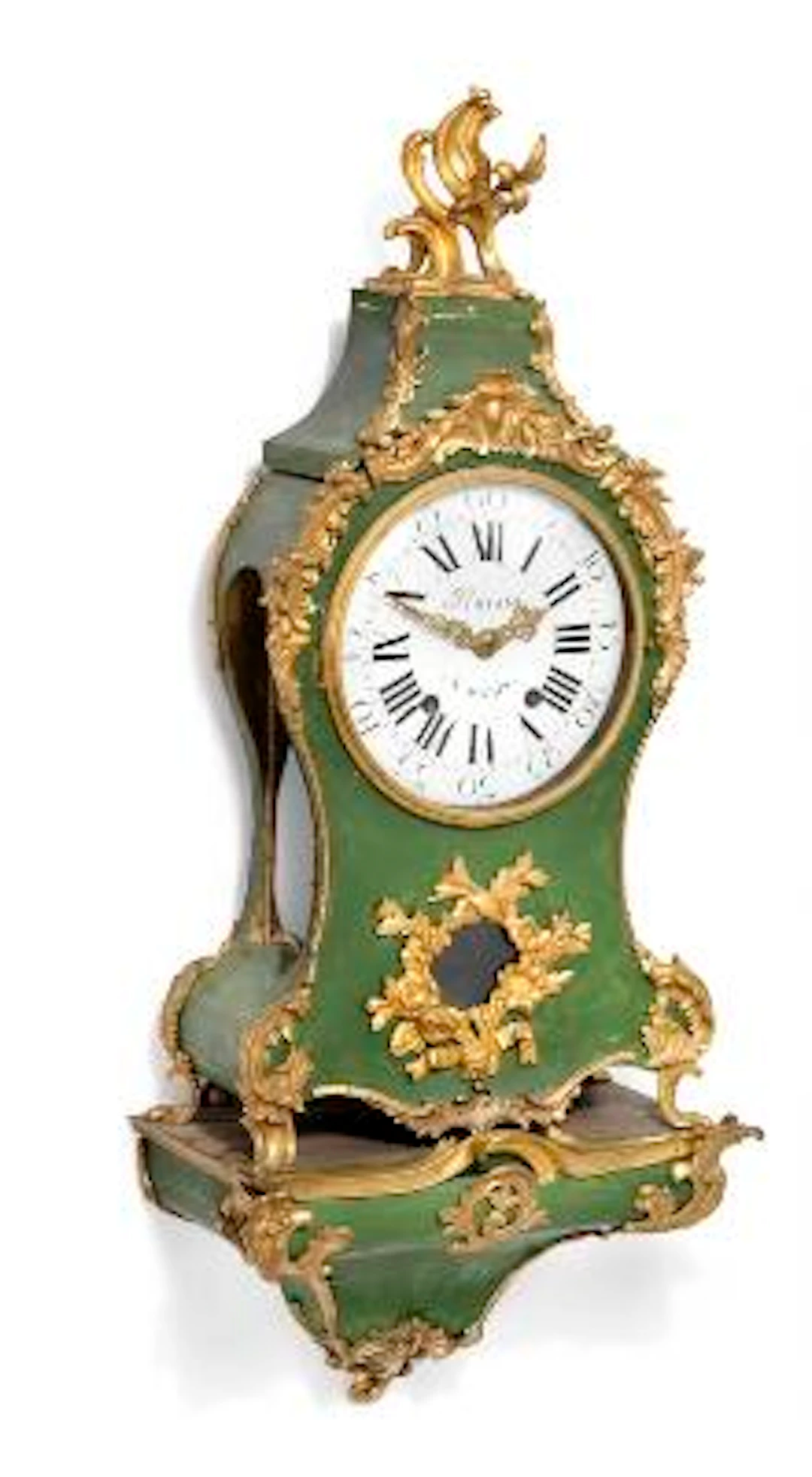 A Louis XV gilt bronze mounted green painted bracket clock. C. 1765.