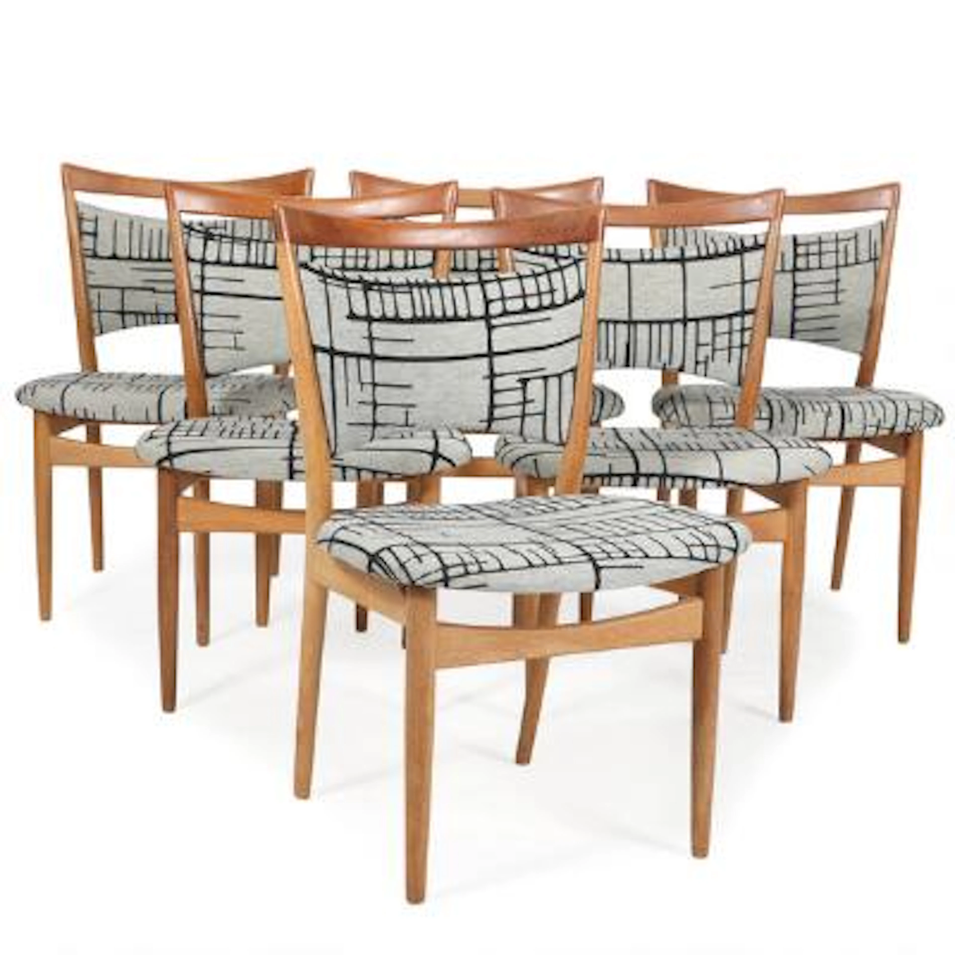 Finn Juhl: Set of six oak and teak chairs, upholstered with gray and