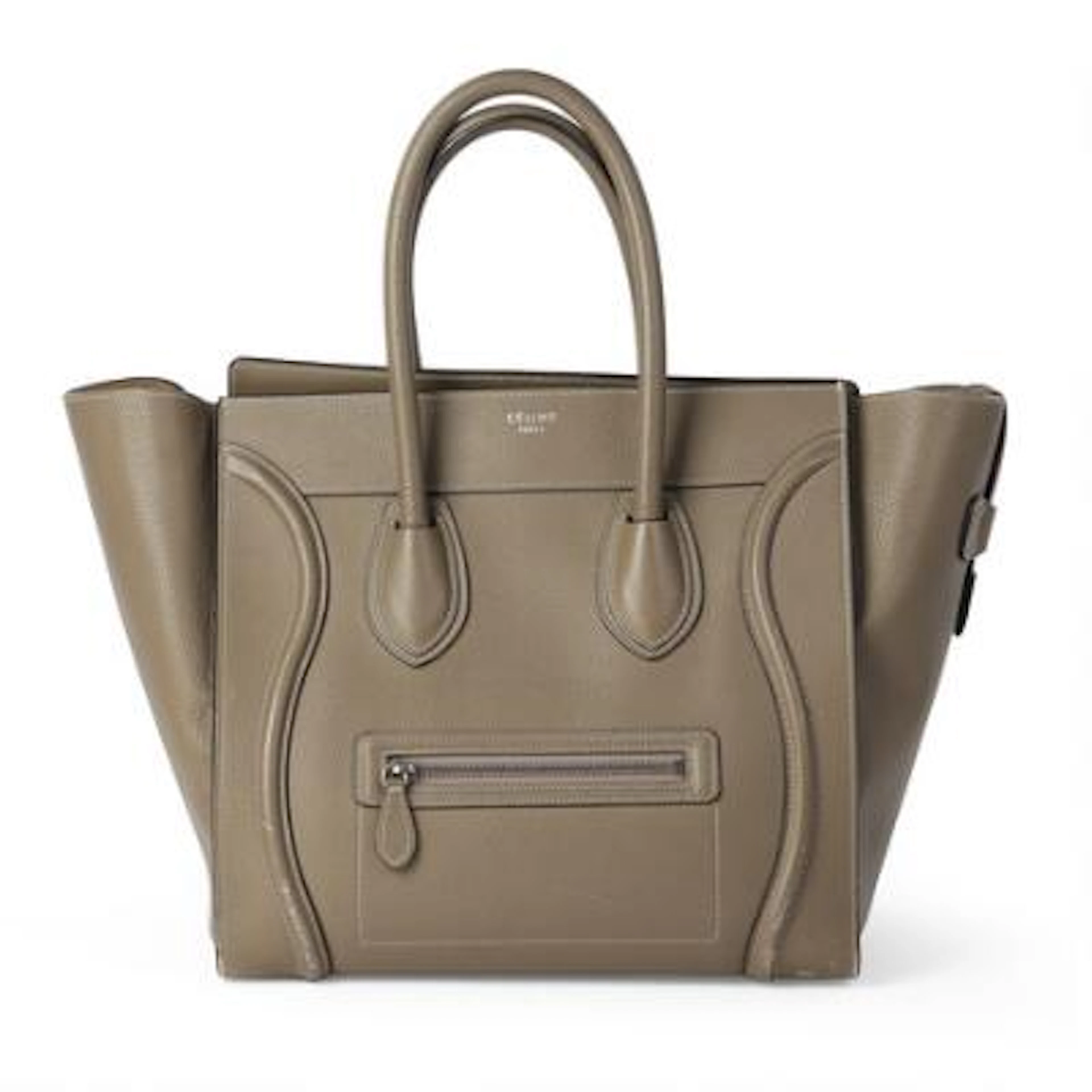 A “Luggage” bag of grey leather with white stitching, silver tone