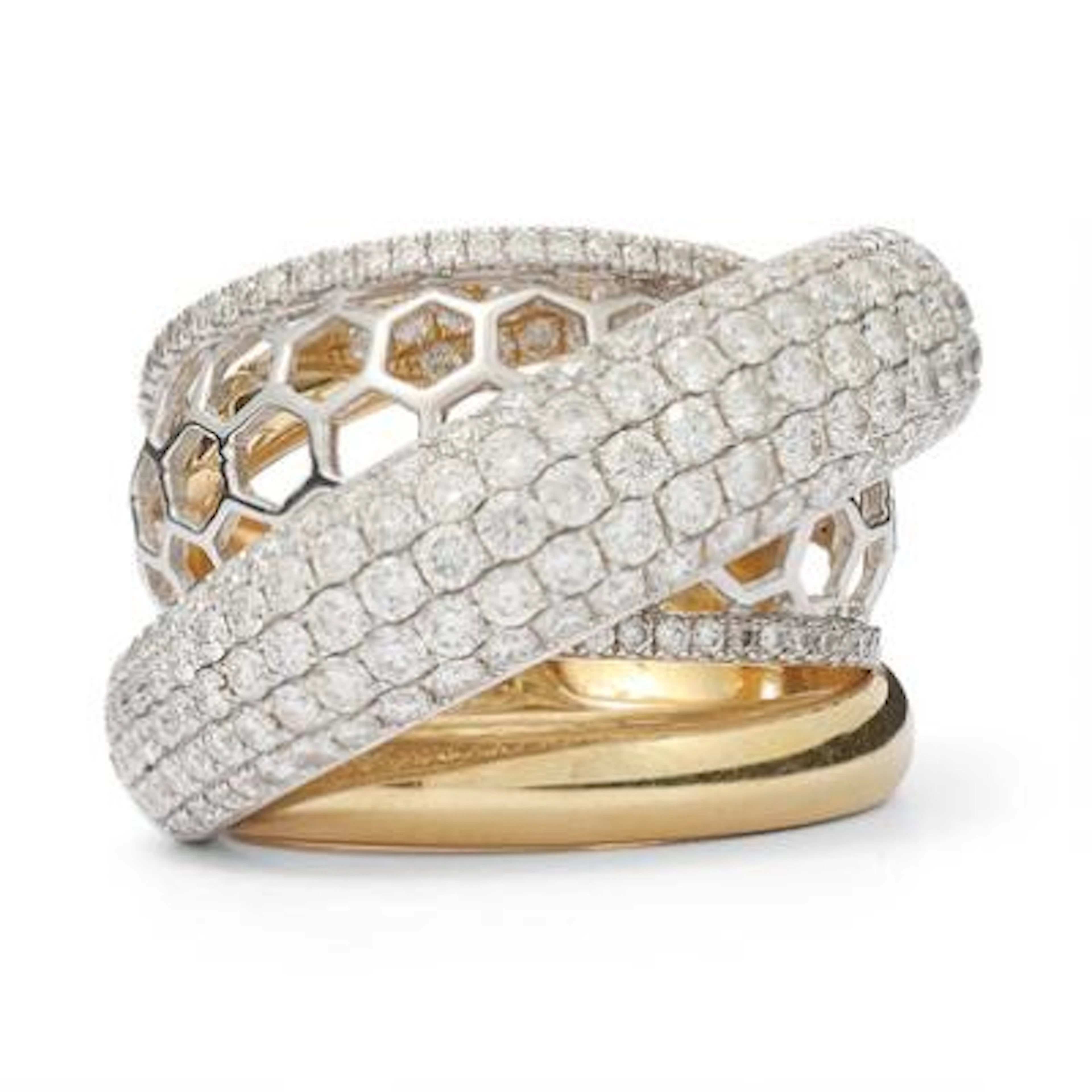 A diamond ring set with numerous brilliant-cut diamonds mounted in
