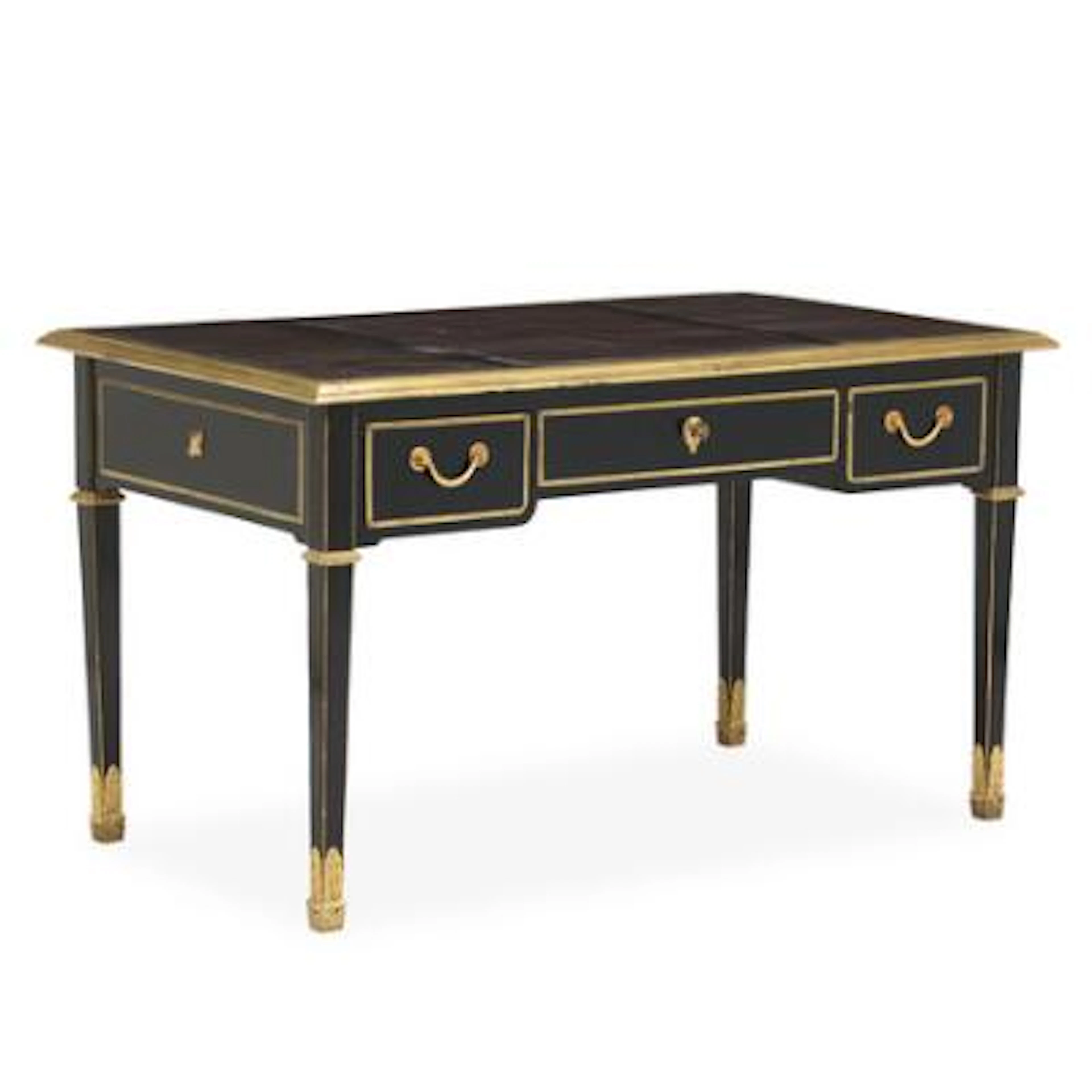 A French bureau plat of black lacquered wood with gilded bronze fittings.