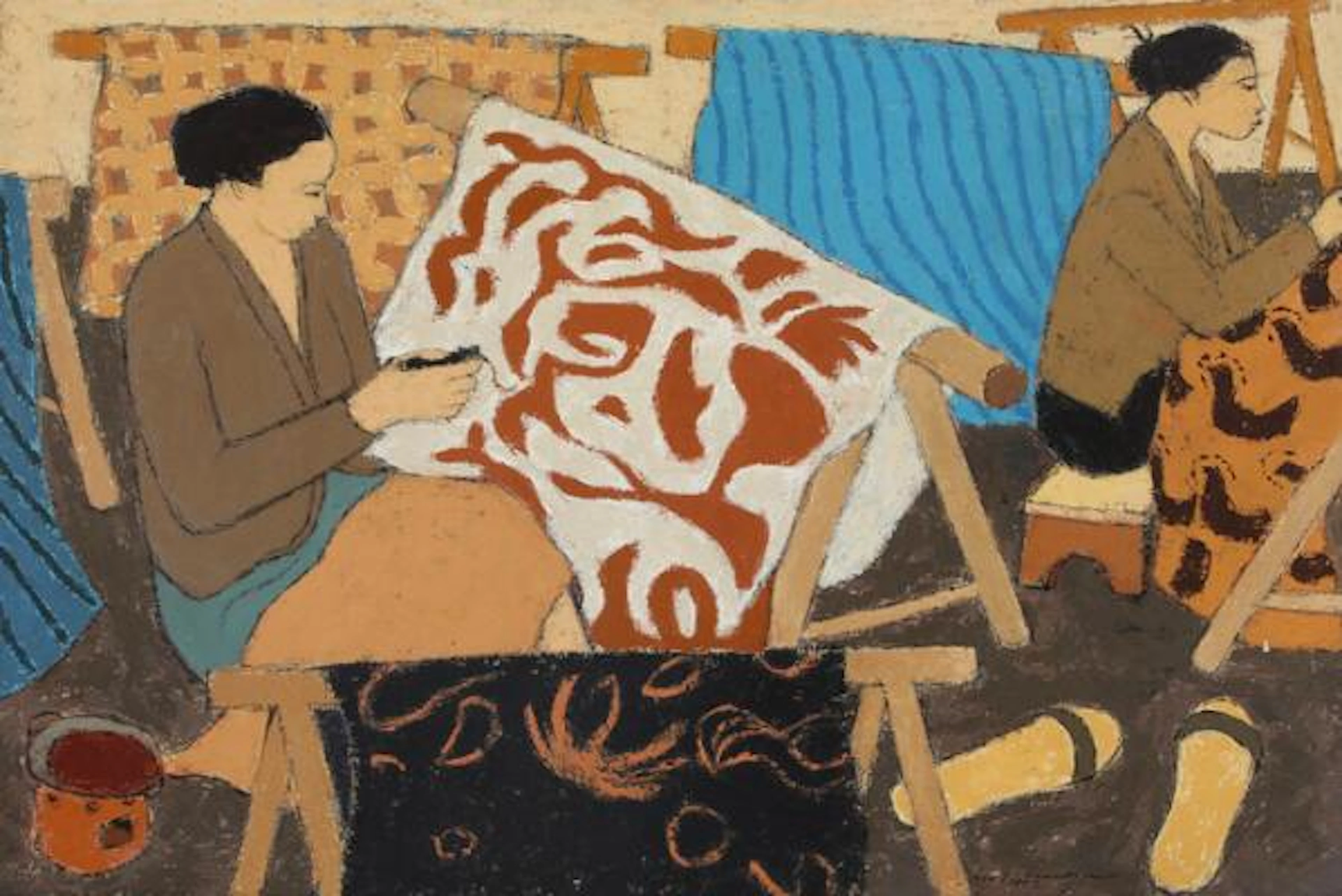 Aldo Salvadori: Women working with textile art. Signed. Oil on canvas.