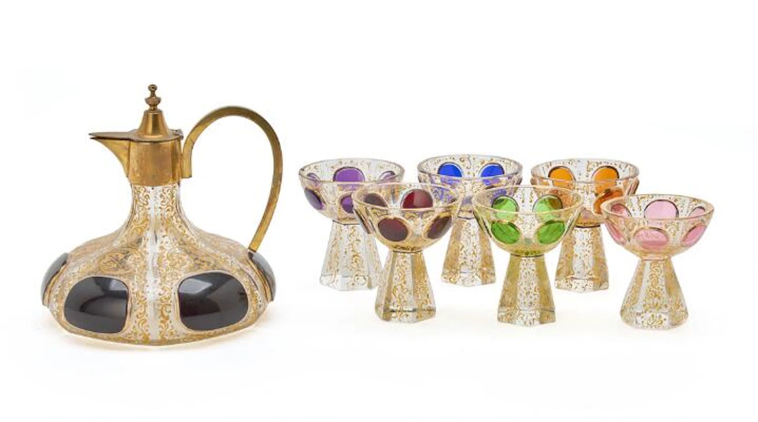 A 19th century "Persian style" enamelled glass flask and 6 glass.