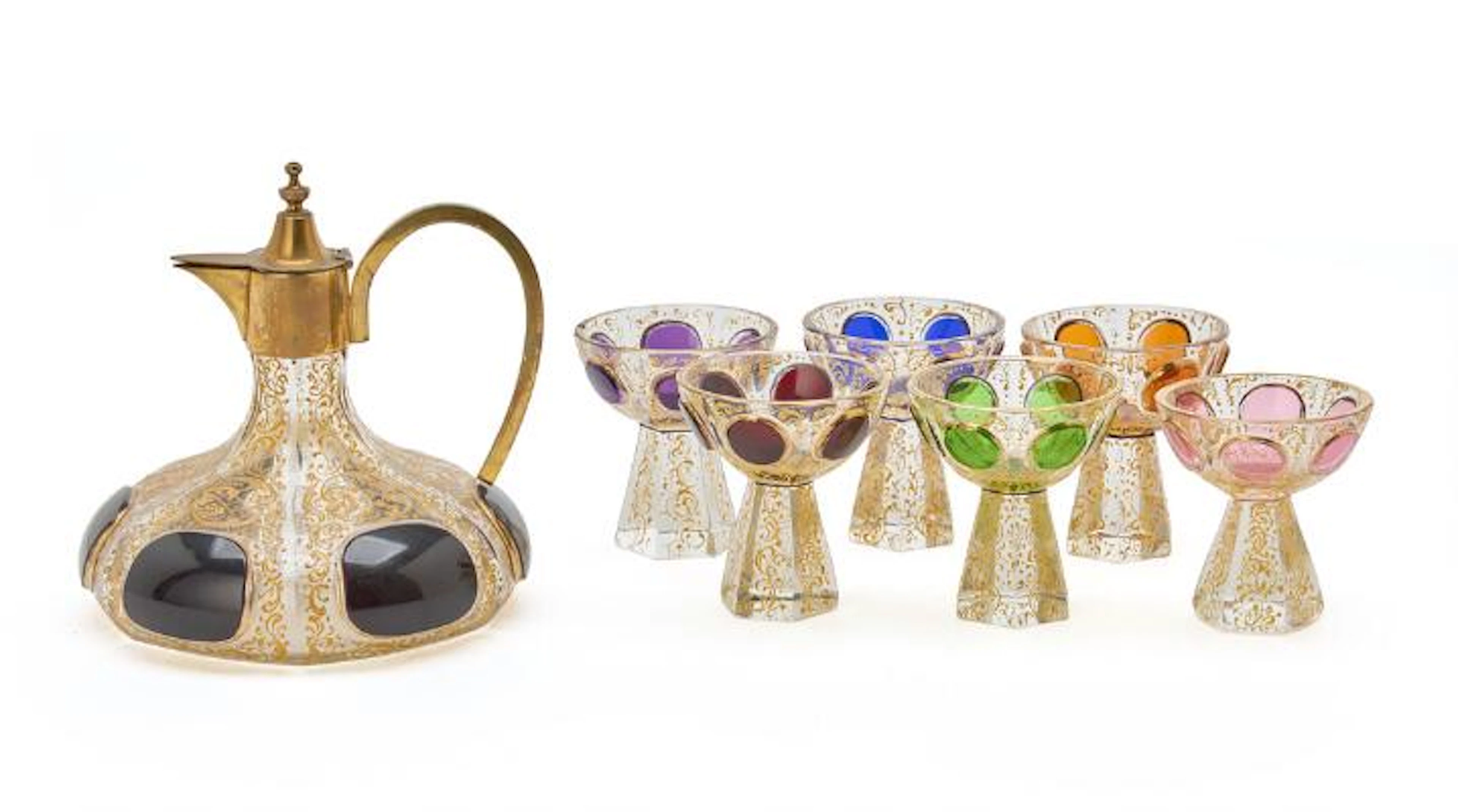 A 19th century "Persian style" enamelled glass flask and 6 glass.