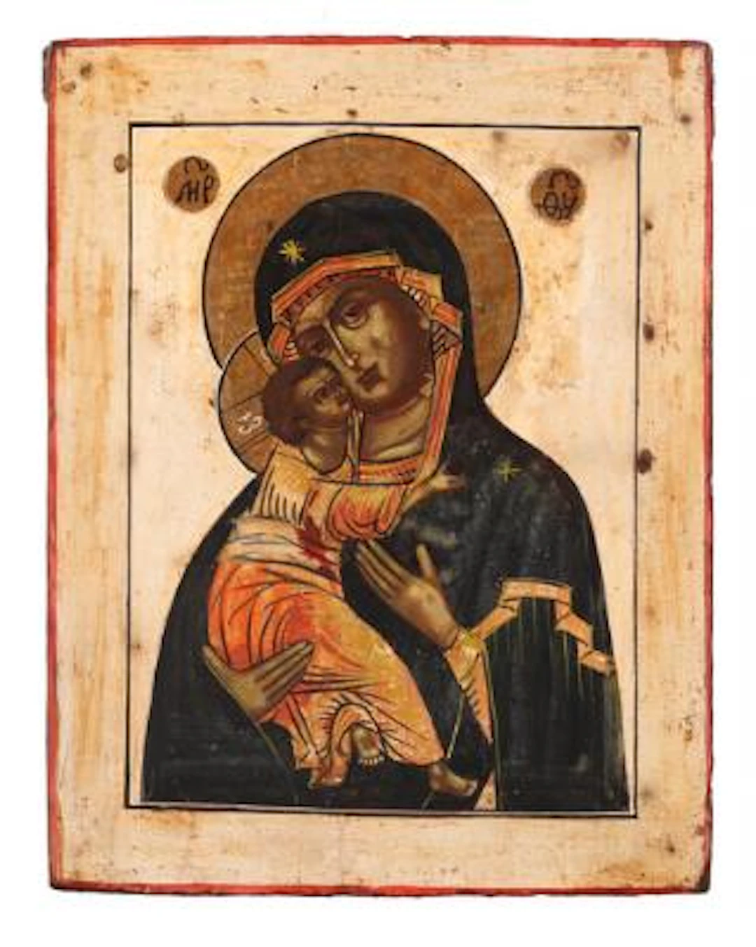 A 19th century icon depicting the Mother of God with the Child Jesus.
