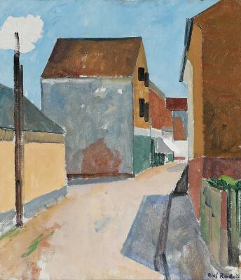 Olaf Rude: Scene from Allinge, Bornholm. Signed Oluf Rude 22. Oil