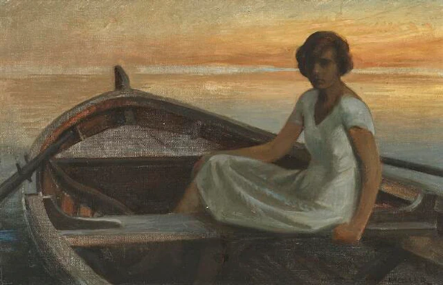 Harald Slott-Møller: A young woman sitting in a rowing boat at sunset.