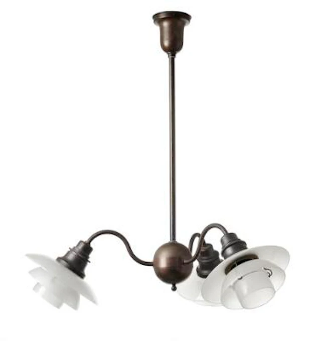 Poul Henningsen: "PH-ball crown." Three-arm chandelier with browned