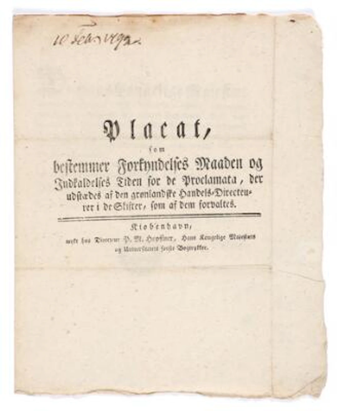 Greenland. 1792. Proclamation that "bestemmer forsendelsesmåden og