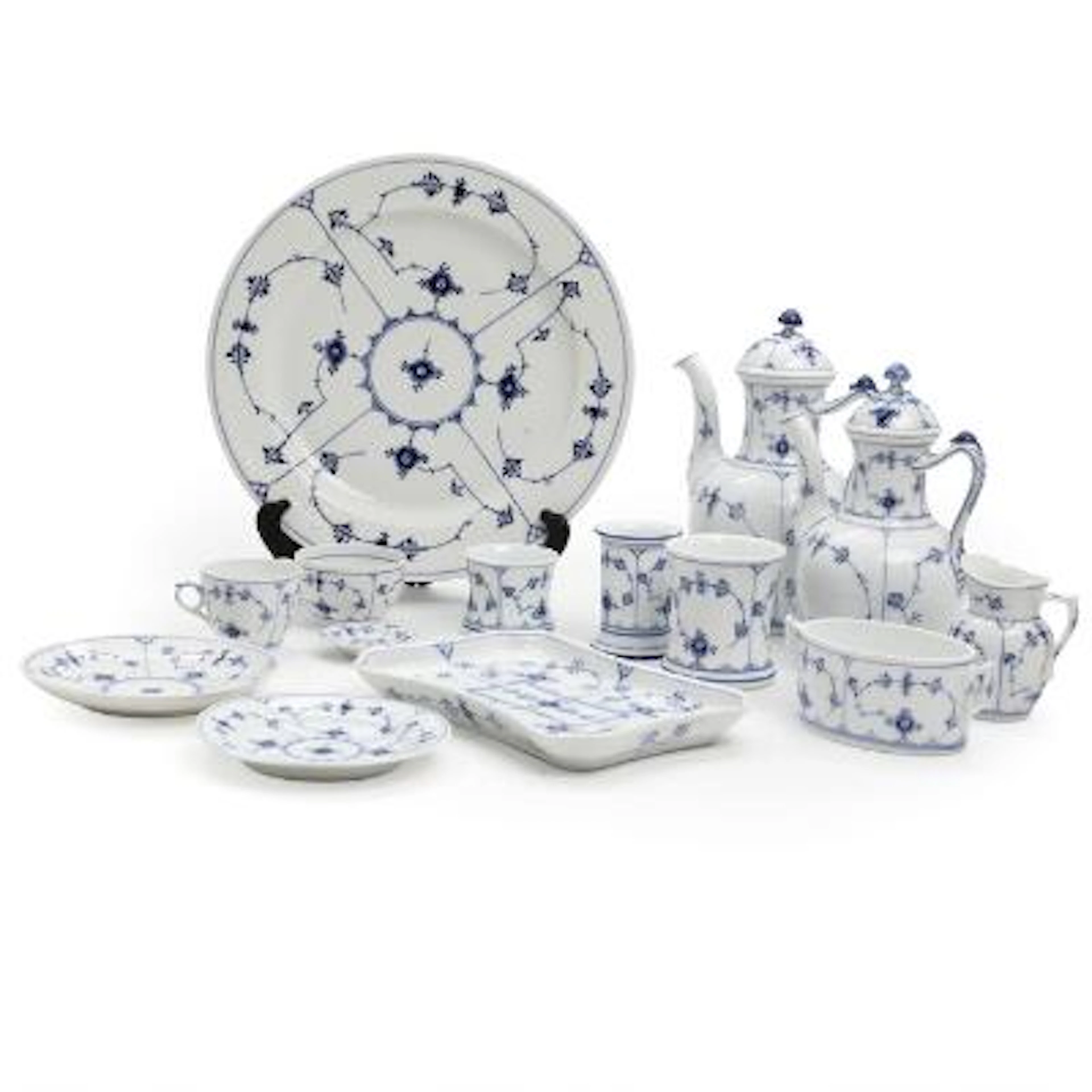 "Blue Fluted Fluted Plain". Parts of a porcelian coffee set, decorated