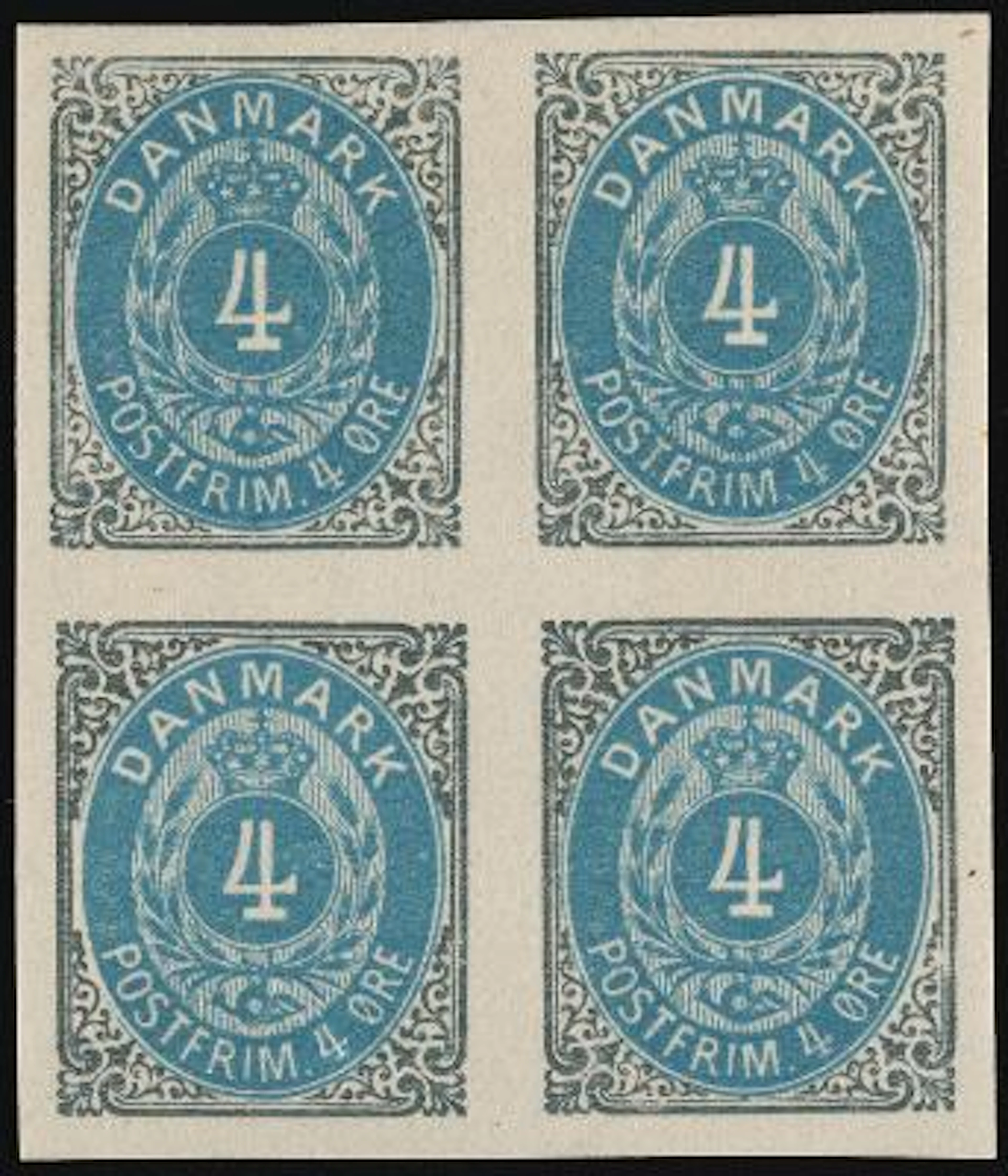 1875. 4 øre, 38.print. IMPERFORATED block of 4. Lower left stamp are