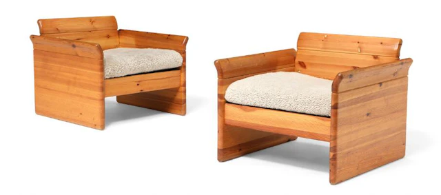 Danish furniture design: A pair of solid pinewood easy chairs. Loose