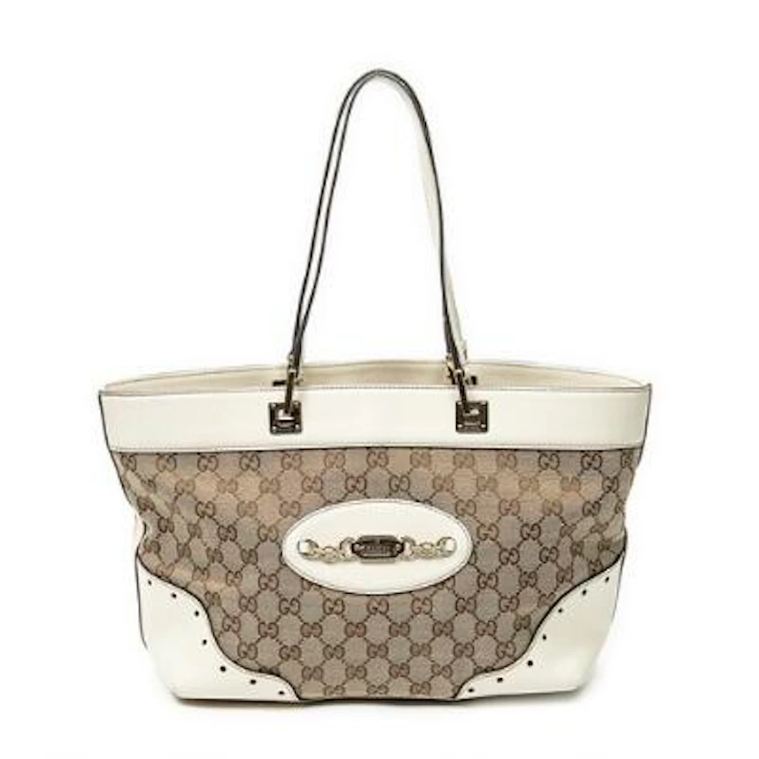 Gucci: "Punch" tote bag in brown/beige "GG" monogram canvas with gold-toned