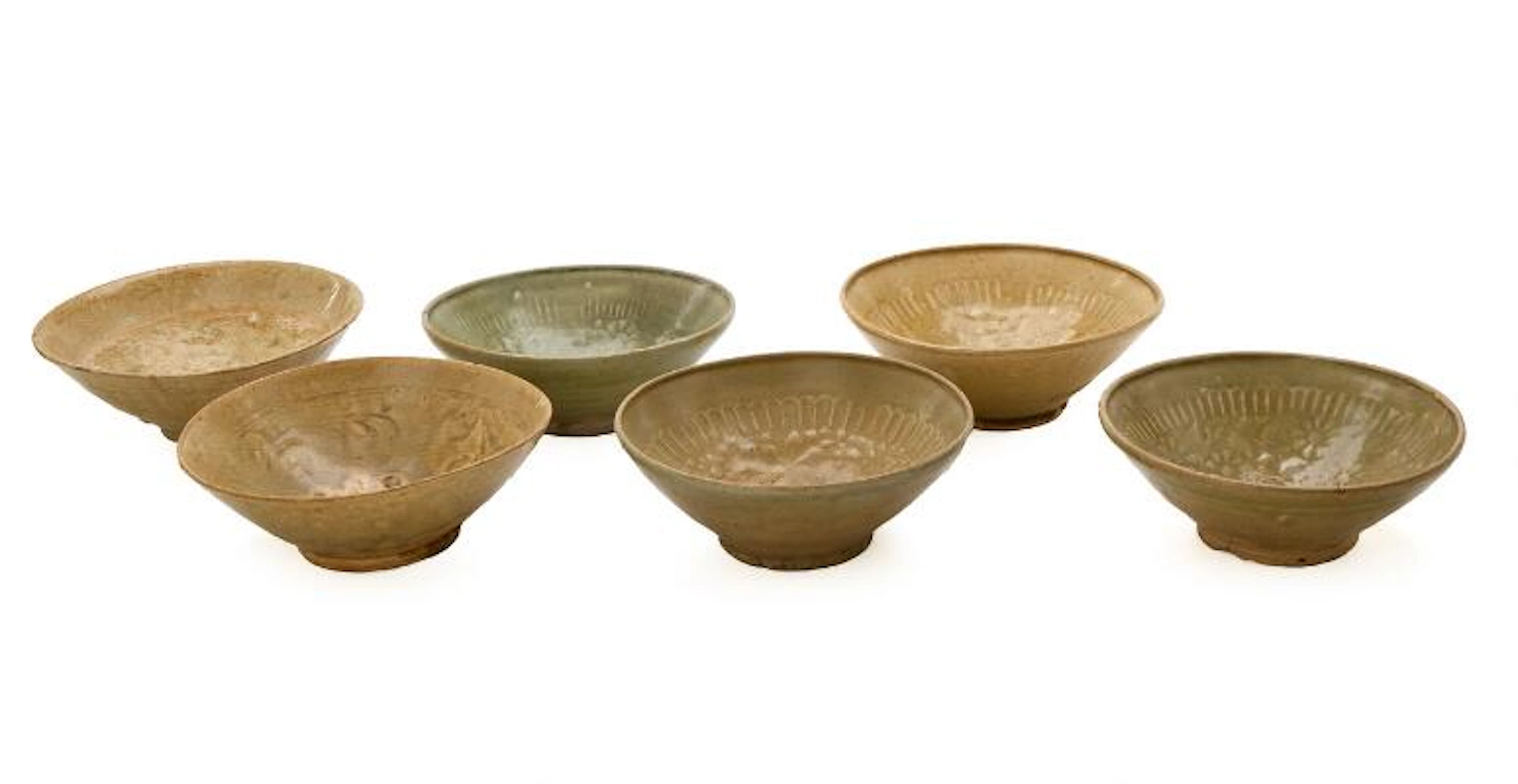 Six Vietnamese green-glazed pottery bowls, Ly/Tran dynasty 1009-1400.