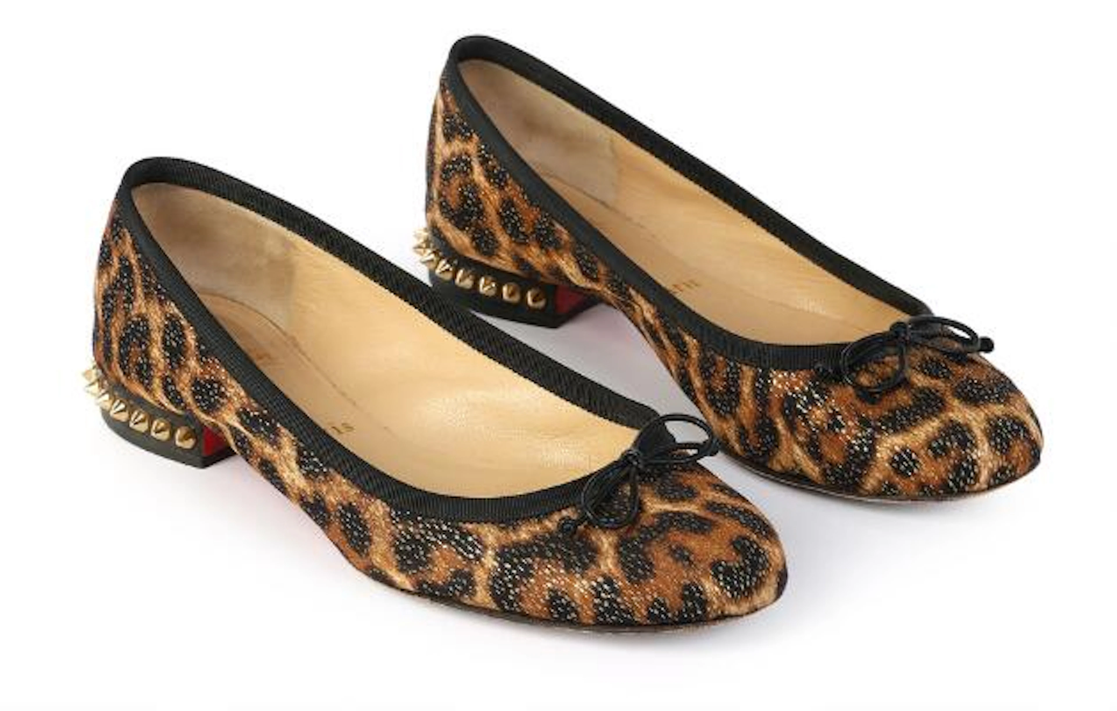 Christian Louboutin: A pair of "La Massine Studded Lurex Leopard Flats"