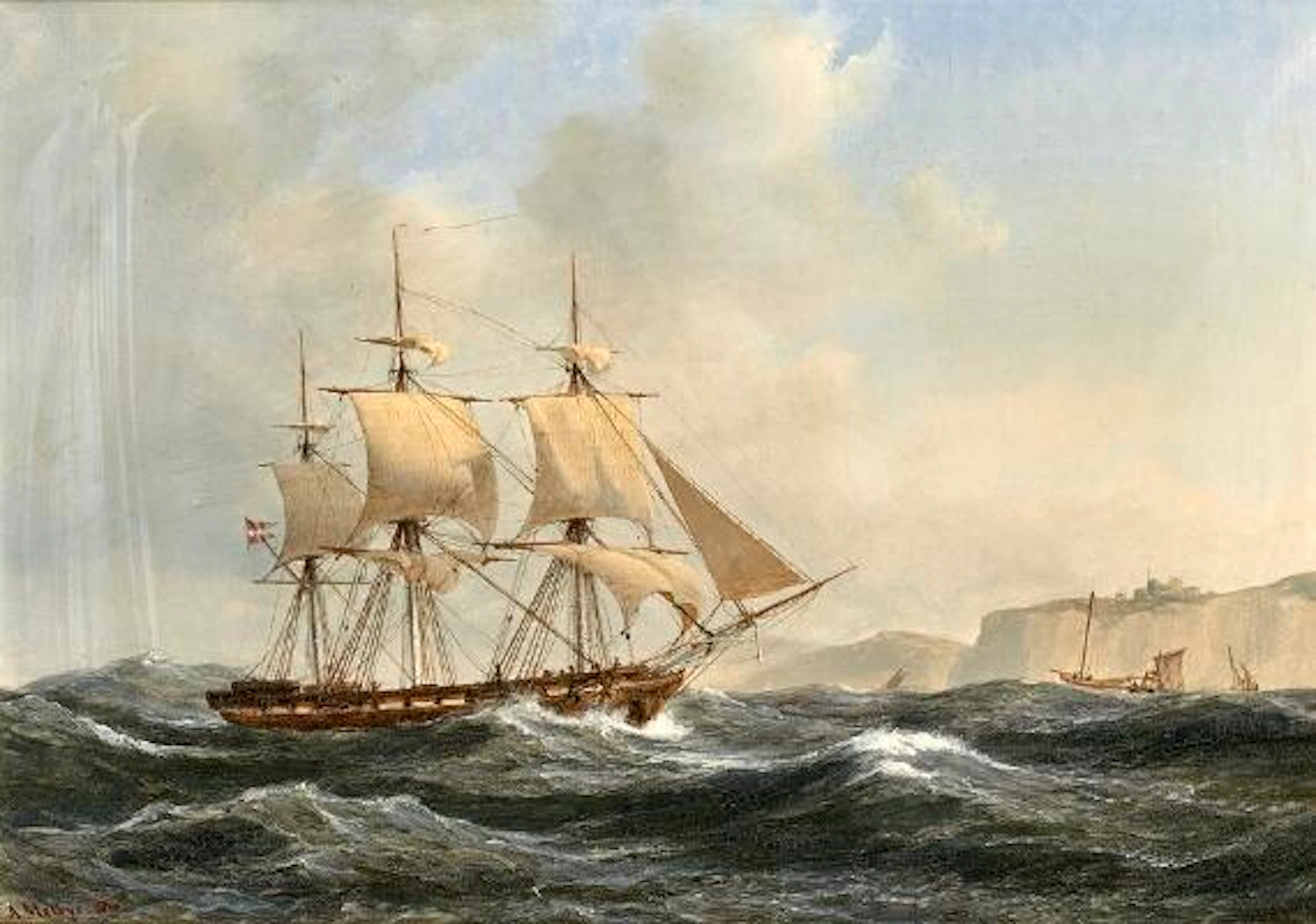 Anton Melbye: Sailing ship off a coast. Signed and dated A. Melbye