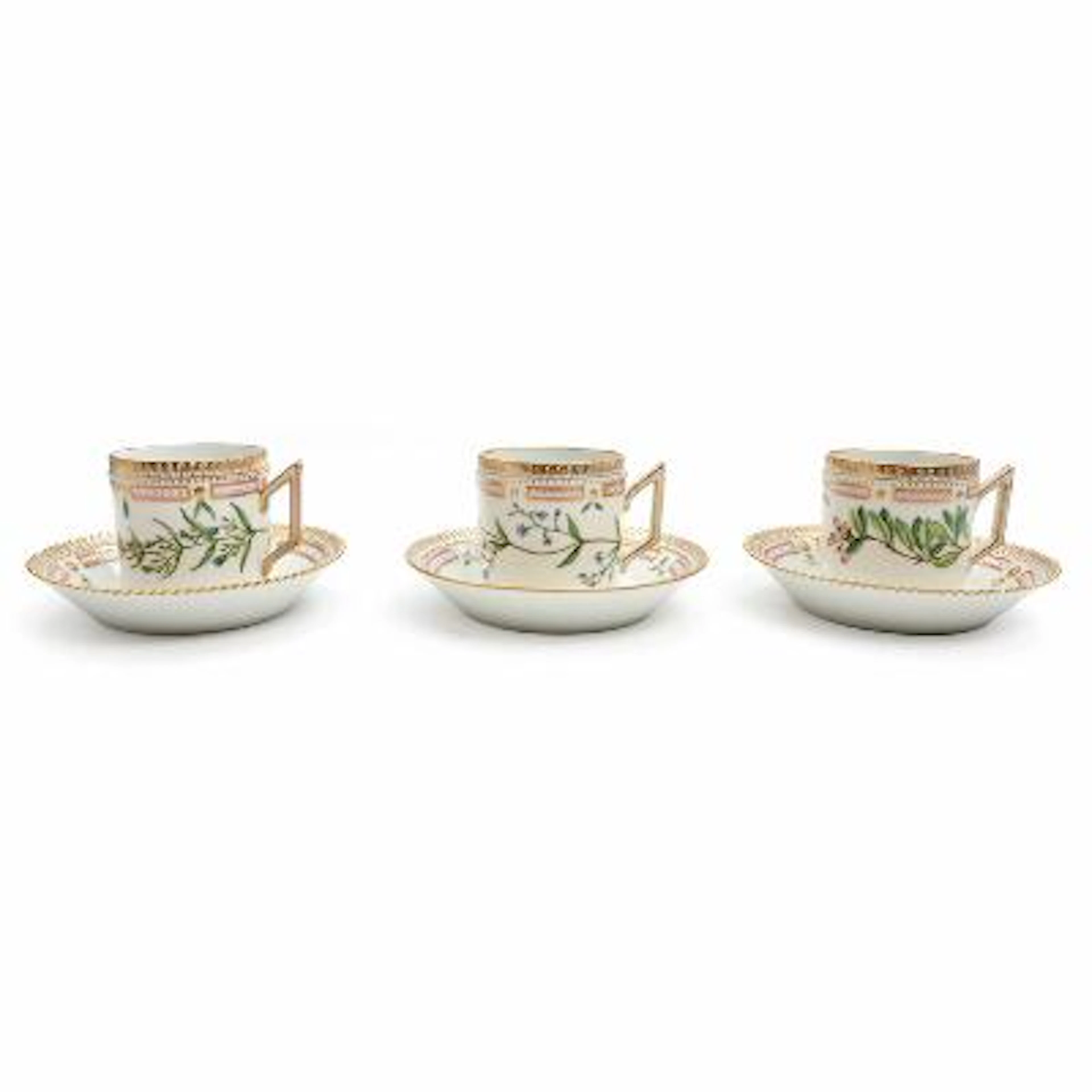 “Flora Danica”. Three porcelain chocolate cups and saucers. No. 3512.