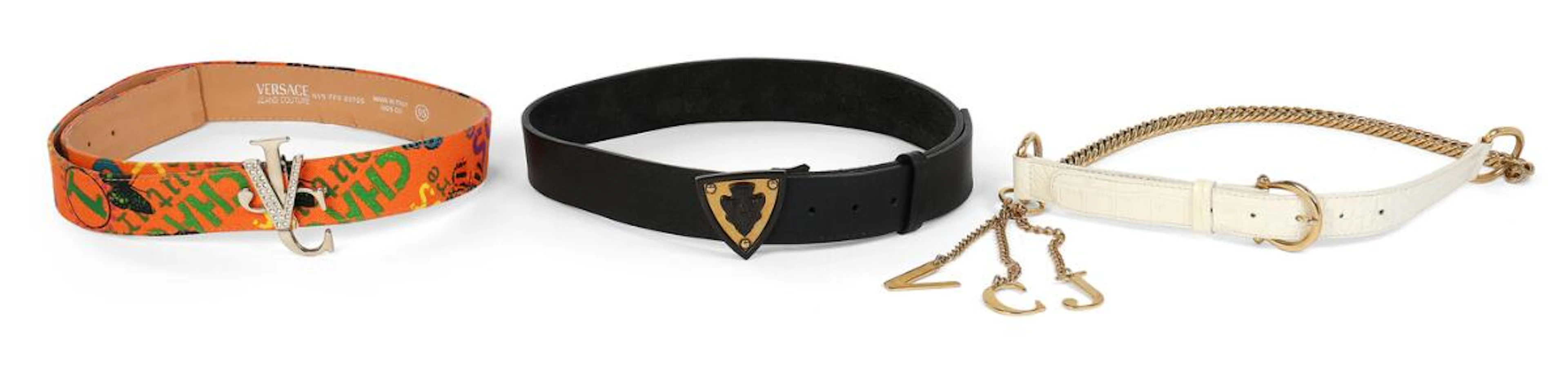 Gucci, Versace: Three belts crafted from respectively canvas and leather.