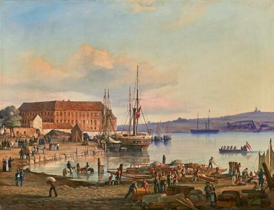 Frederik Theodor Kloss: Street life at the harbour in Sønderborg.