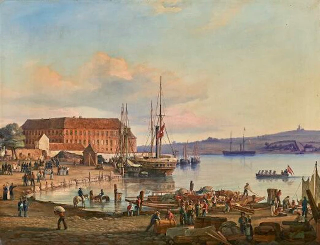 Frederik Theodor Kloss: Street life at the harbour in Sønderborg.