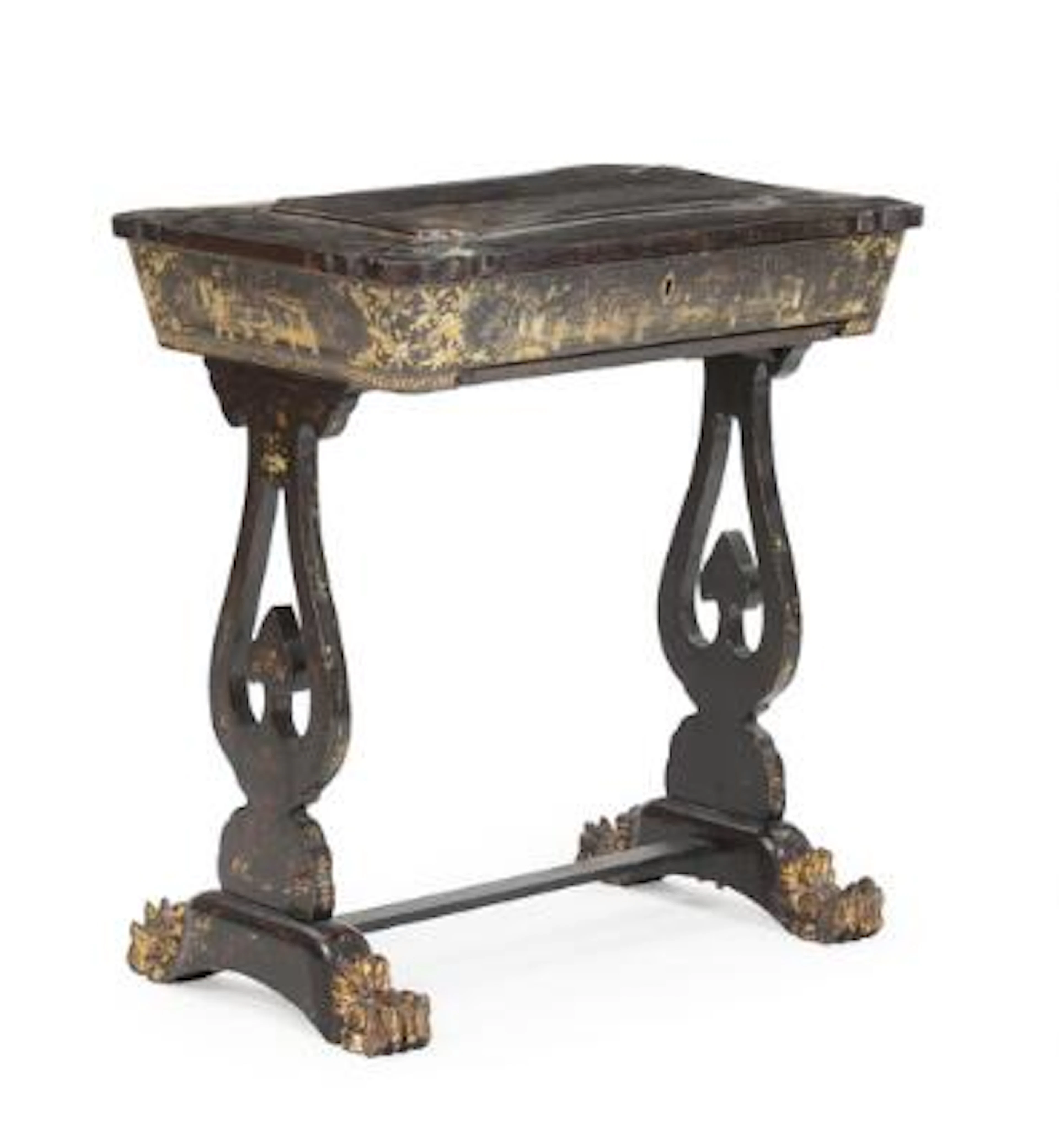 Chinese export sewing table in black lacquered wood decorated with