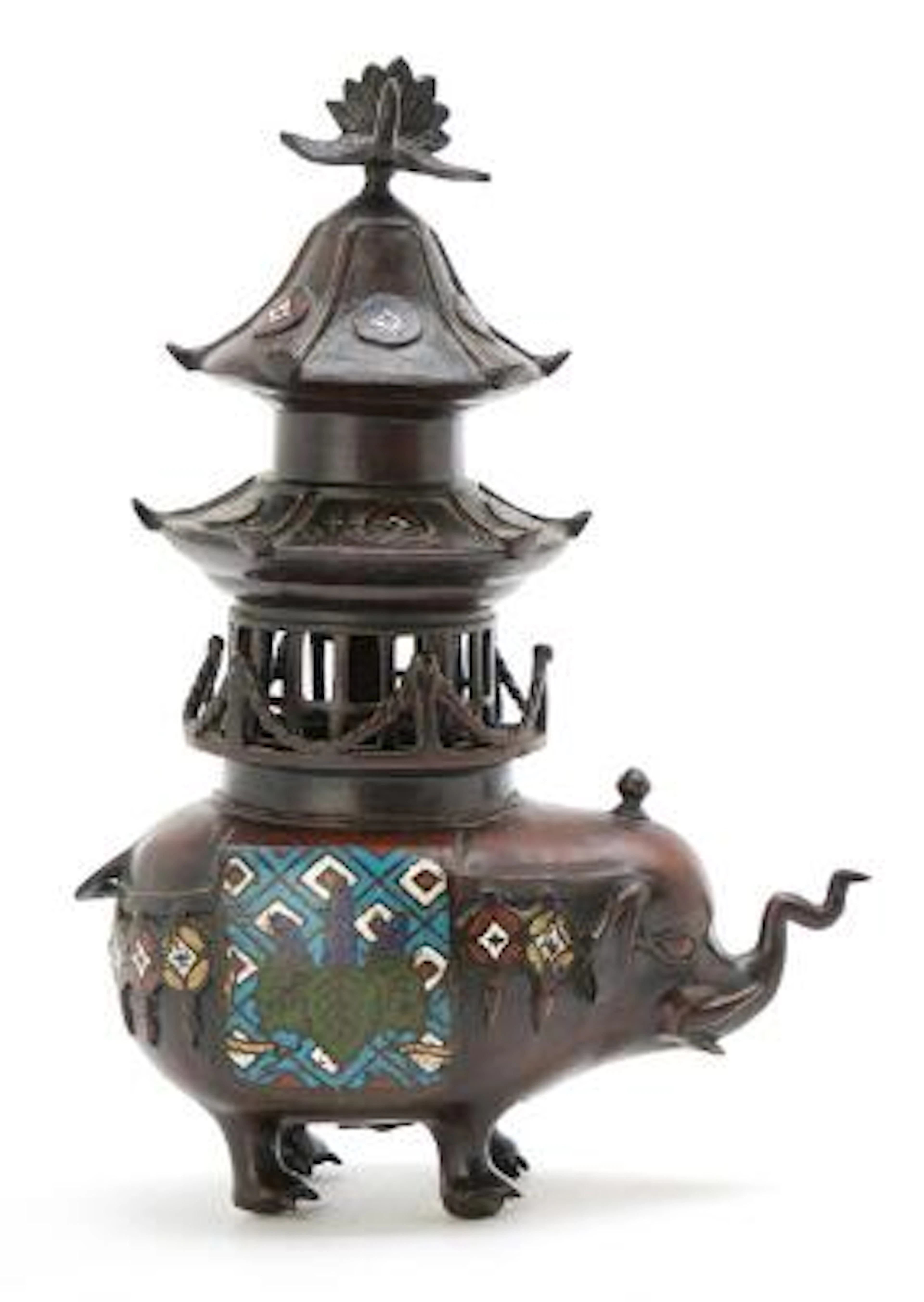 AJapanese bronze incense burner with cloisonné work. Marked Kyoto.