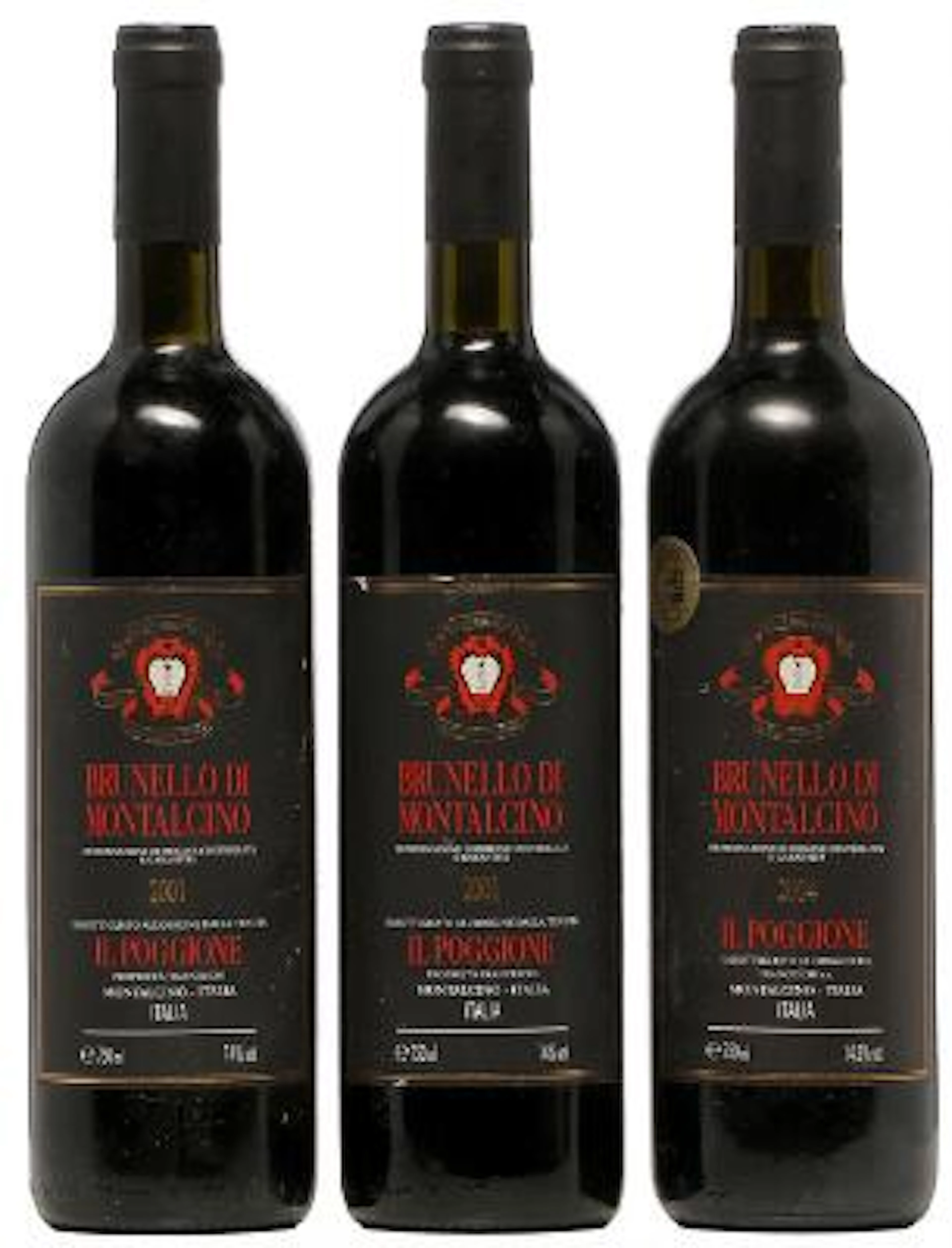 2 bts. Brunello di Montalcino, Tenuta Il Poggione 2001 A-A/B (bn).