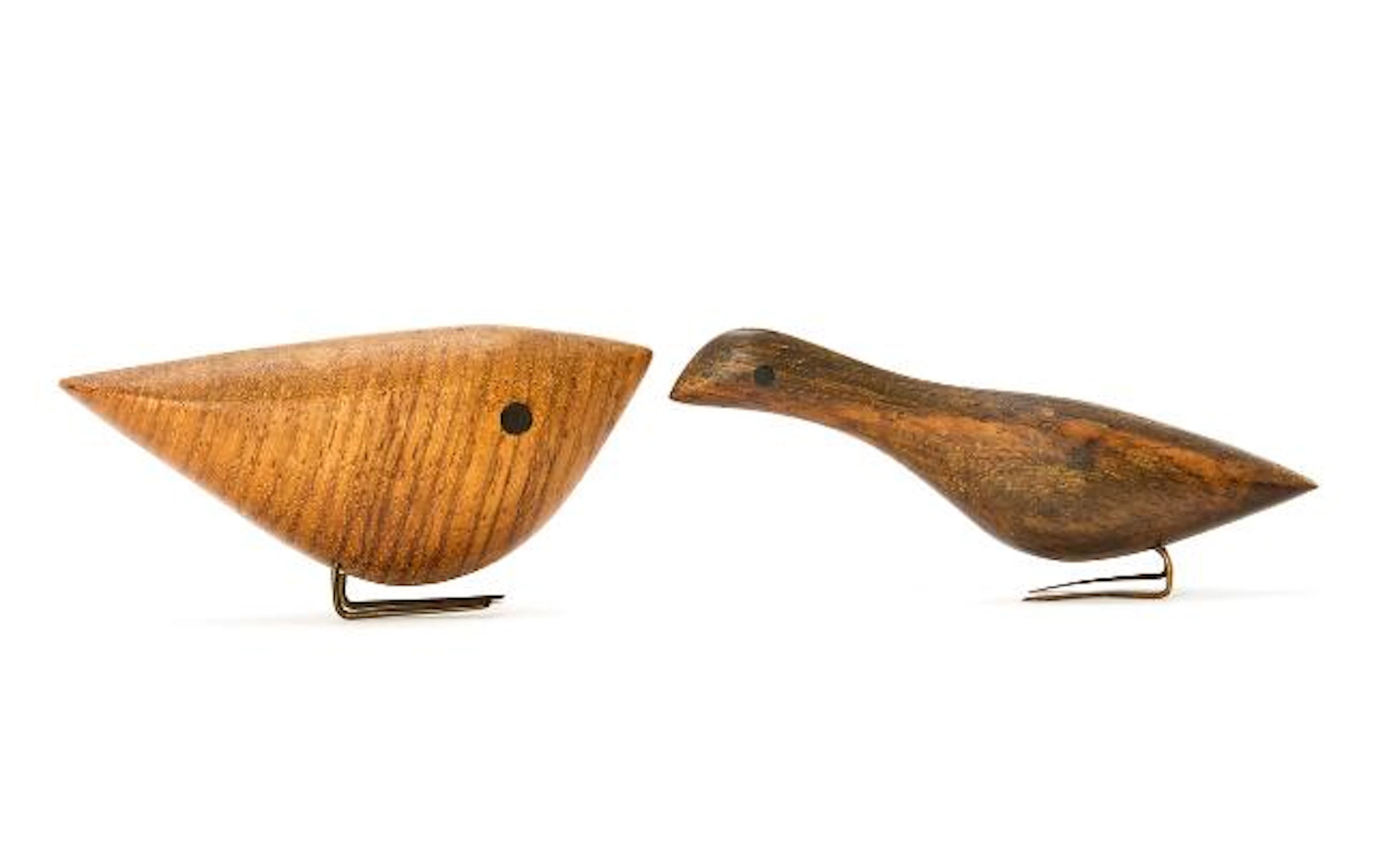 Jacob Hermann: Two small, carved wood bird figures. Patinated brass