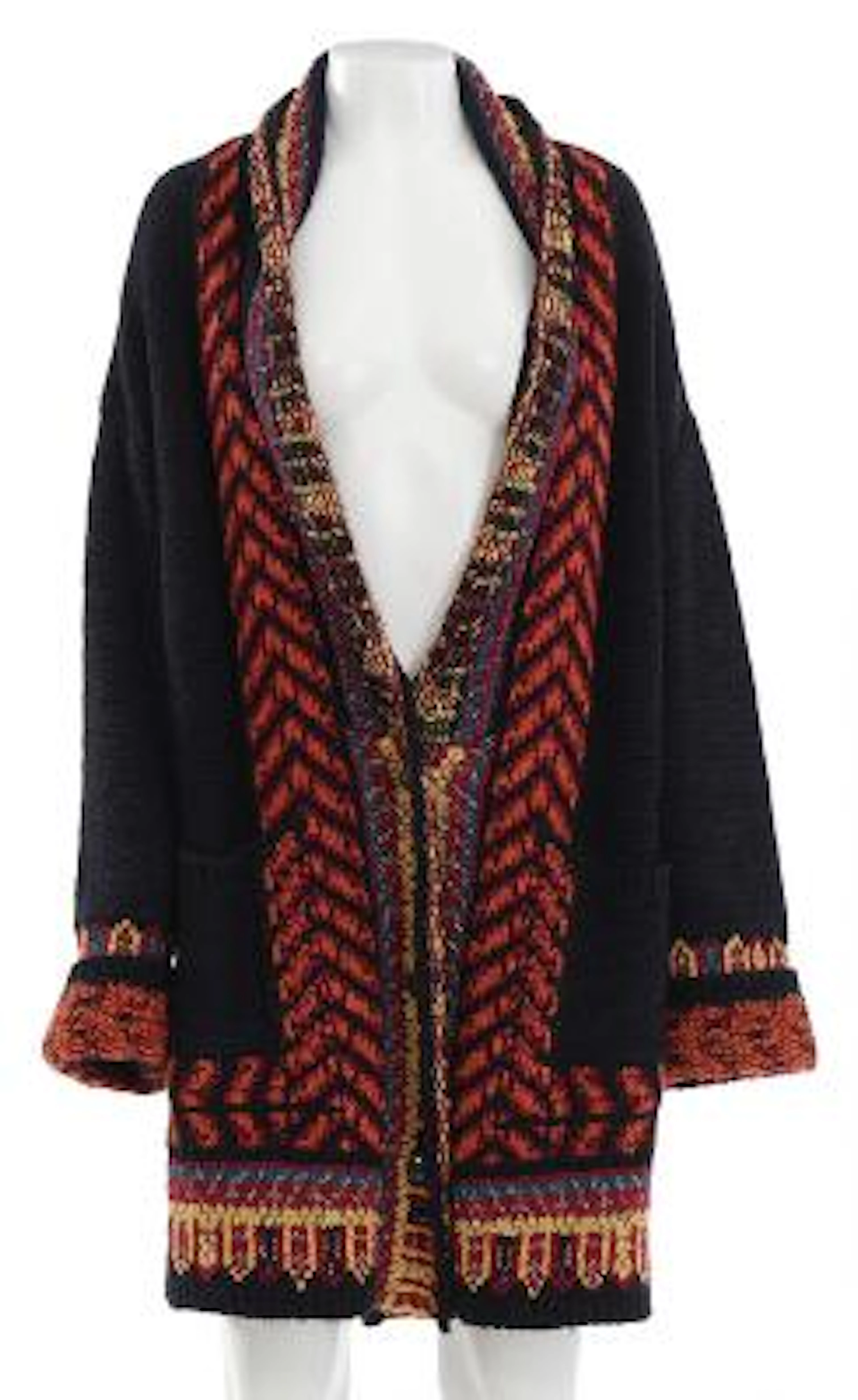 Etro: A black cardigan of a wool blend with motif in orange, yellow