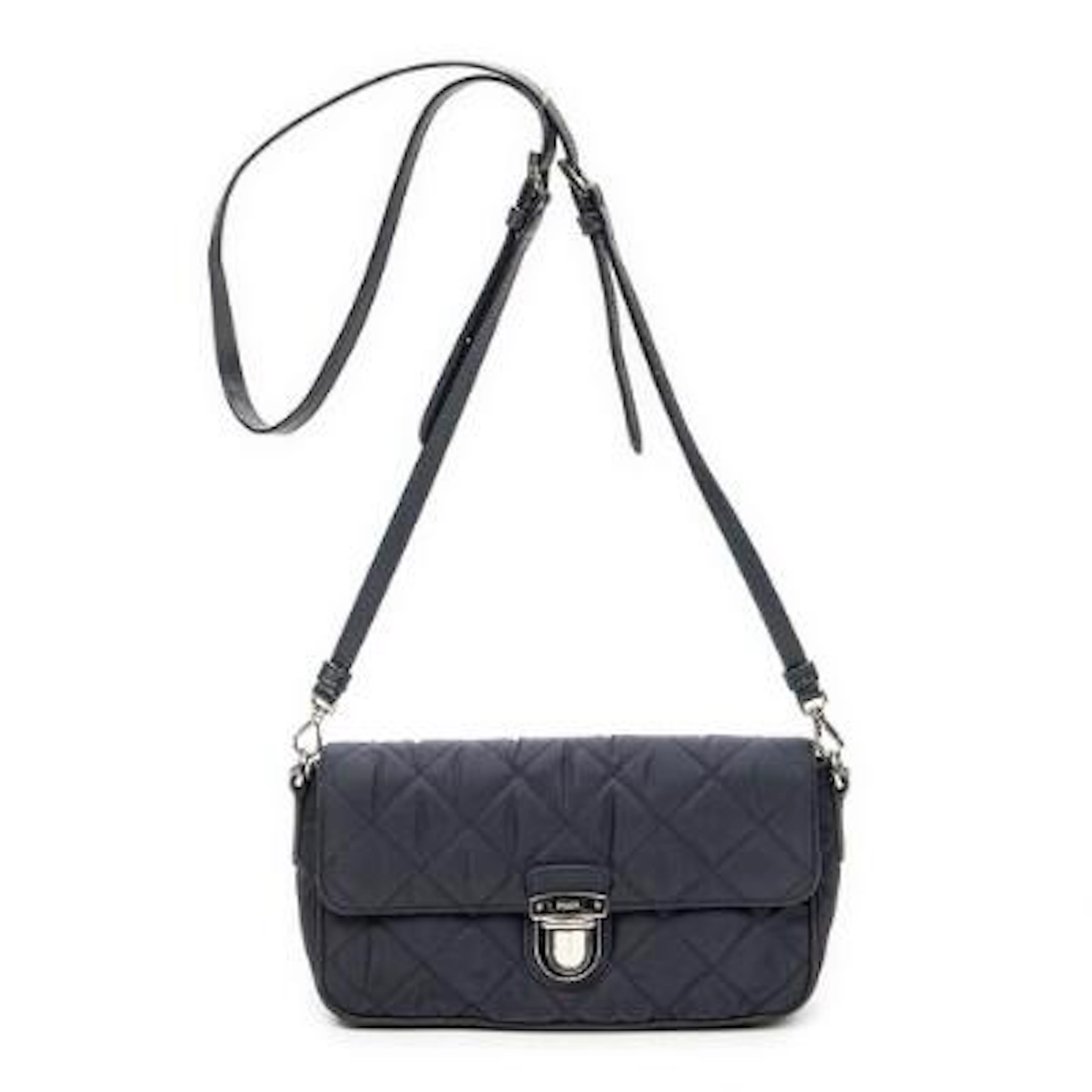 Prada: A "Rectangular Flap Crossbody" in navy blue Tessuto Impuntu-canvas