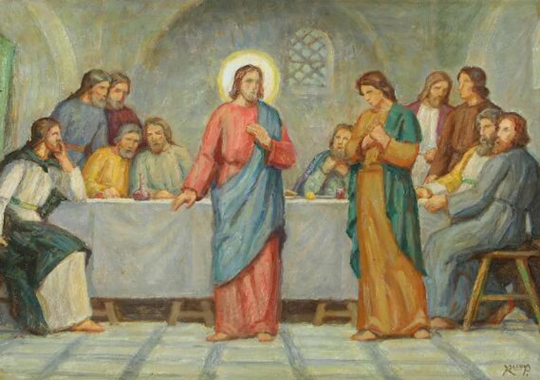 Rudolf Rud-Petersen: The Last Supper. Signed Rud P. Oil on masonite.