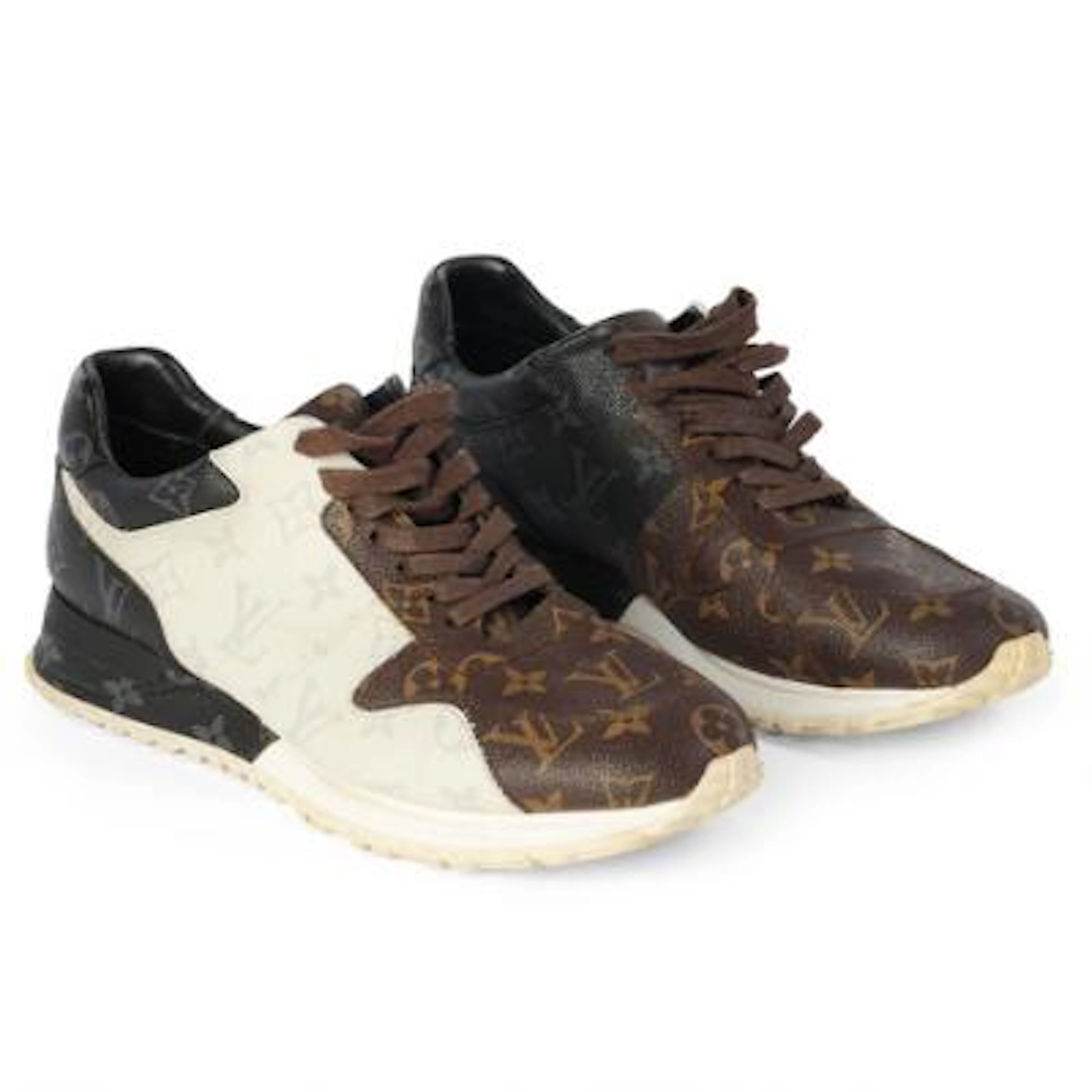 Louis Vuitton: A pair of sneakers of white, grey and brown monogram