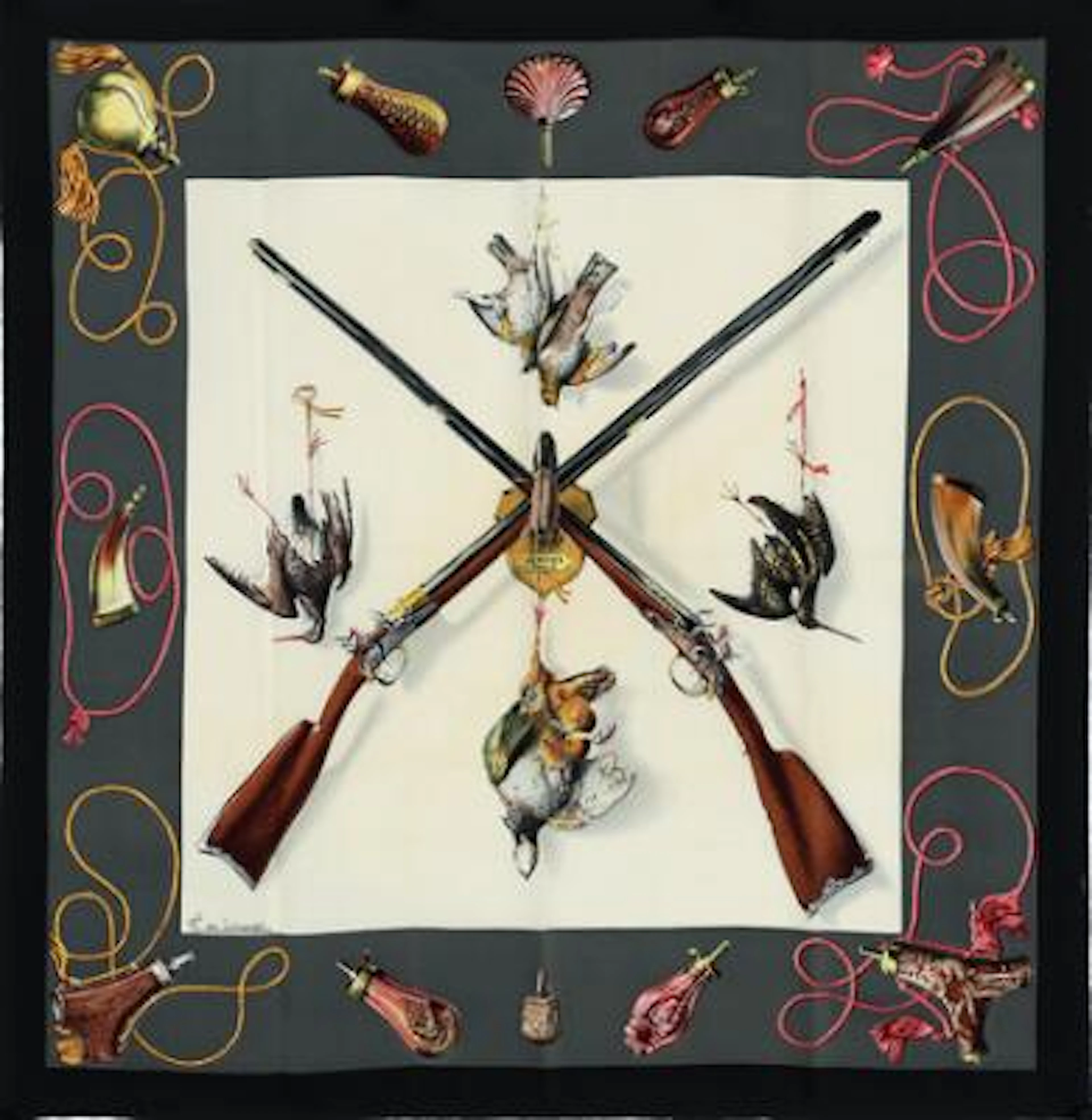 Hermès: A silk scarf with motif "Les Fusils". App. 90x90 cm. – Bruun