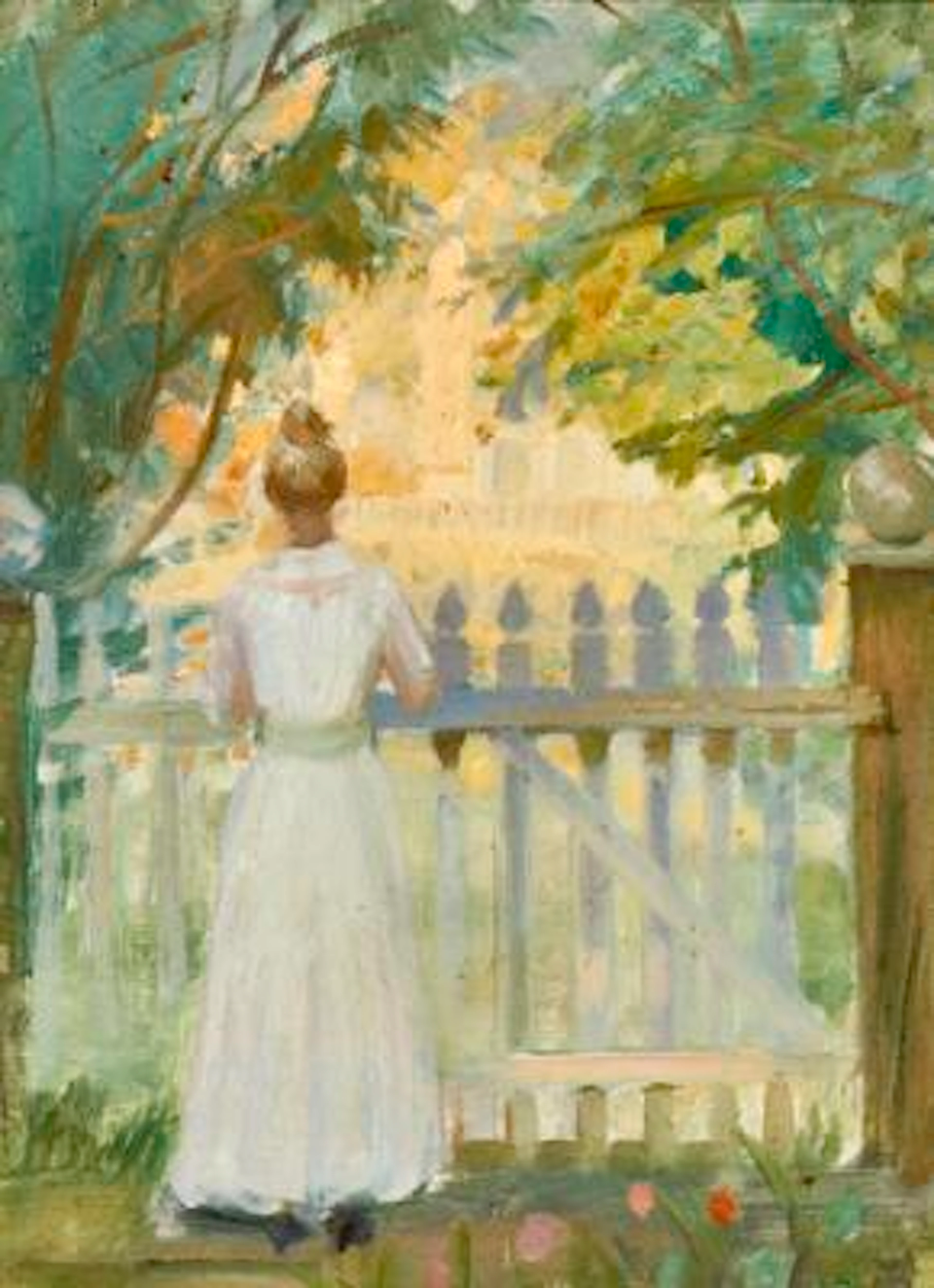 Anna Ancher: Young woman in a white dress at the garden gate. Unsigned.