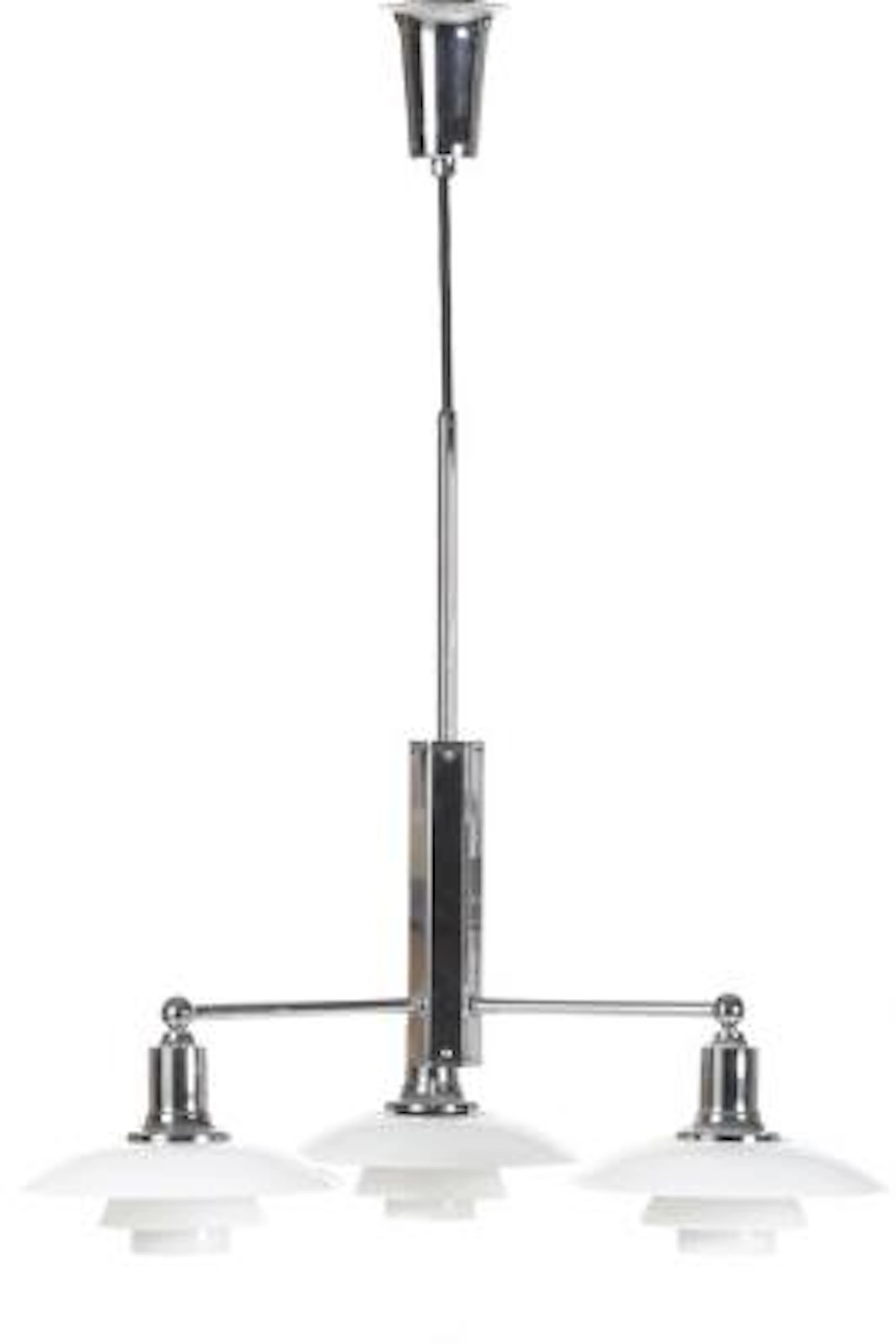 Poul Henningsen: “Stem fitting”. Chromed three branched chandelier
