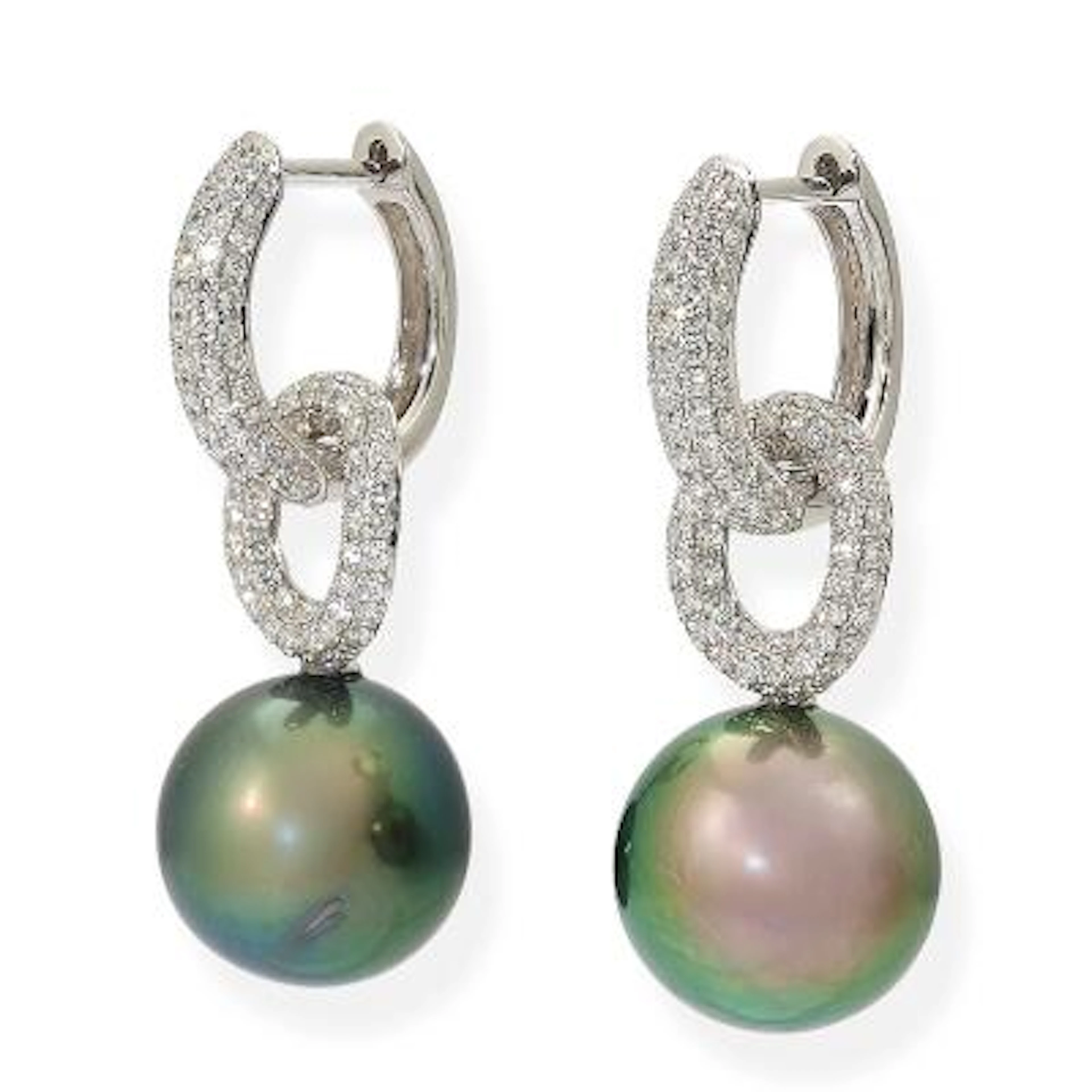 A pair of pearl and diamond ear pendants each set with a Tahiti cultured