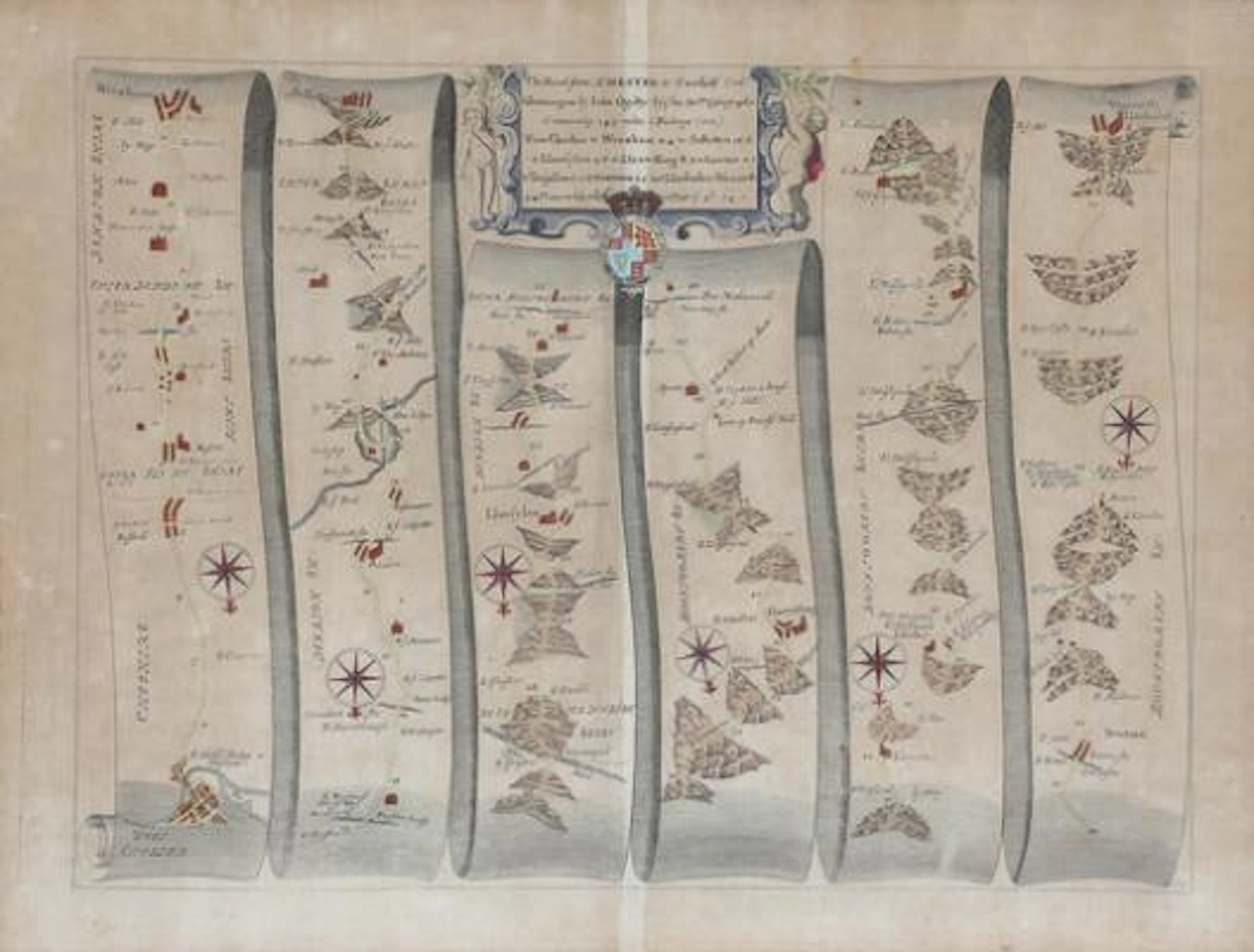 John Ogilby: "The Road from Chester to Cardiff". 1698. Hand coloured