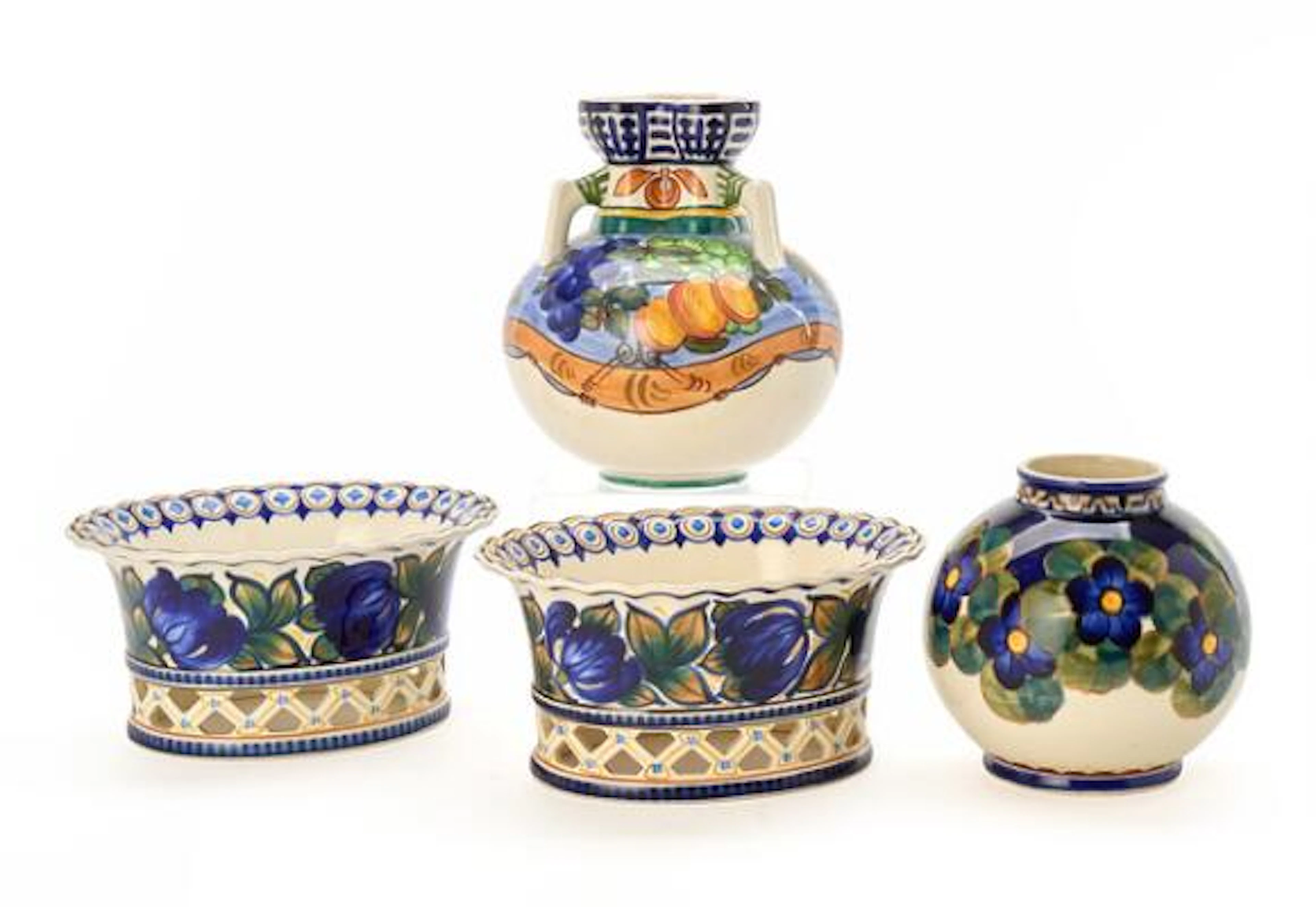 Christian Joachim: A pair of fruit bowls in faience, a vase with three