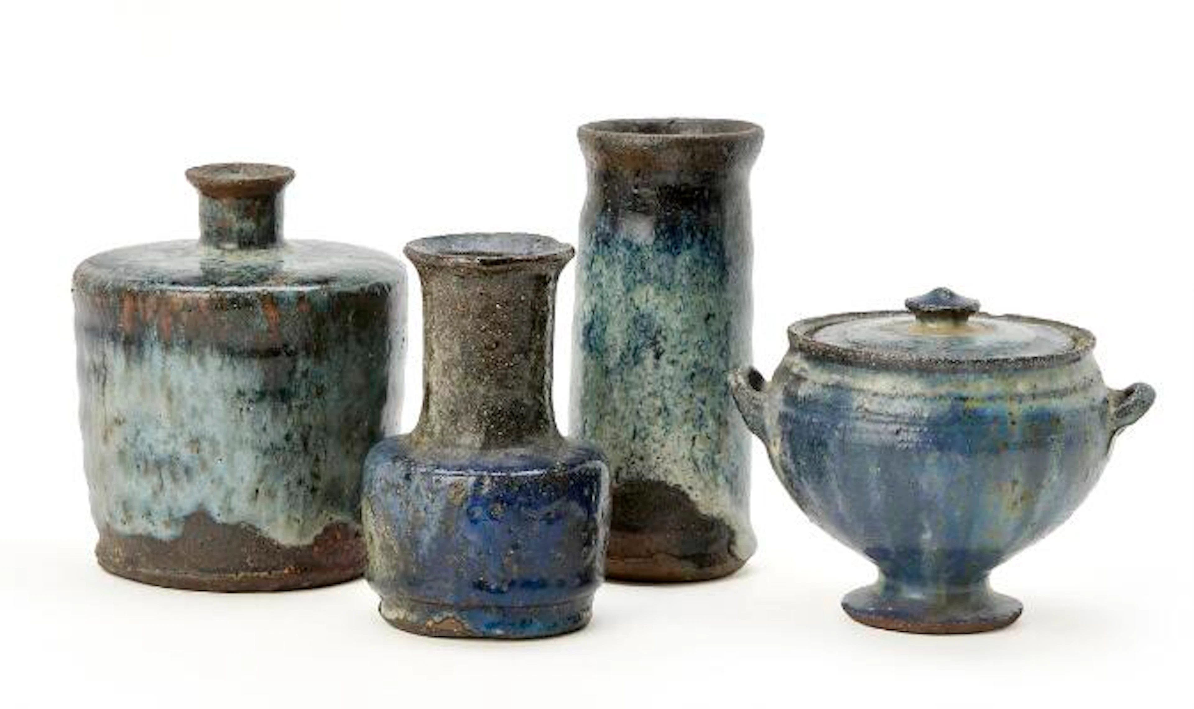 Gutte Eriksen, a.o.: Three earthenware vases and a lid jar, decorated