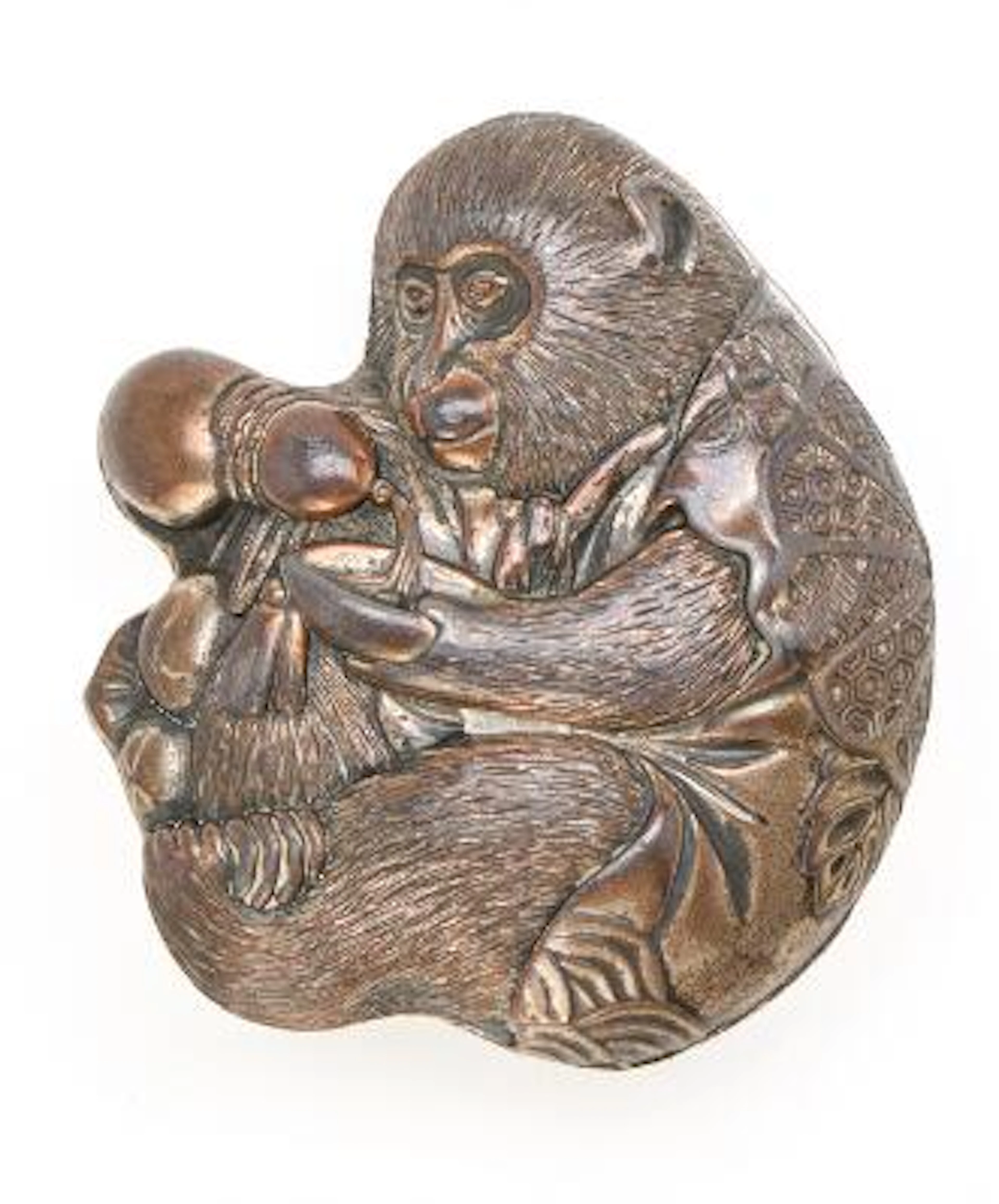 Japanese snuff/pill box modelled as a monkey. Silver-plated metal.