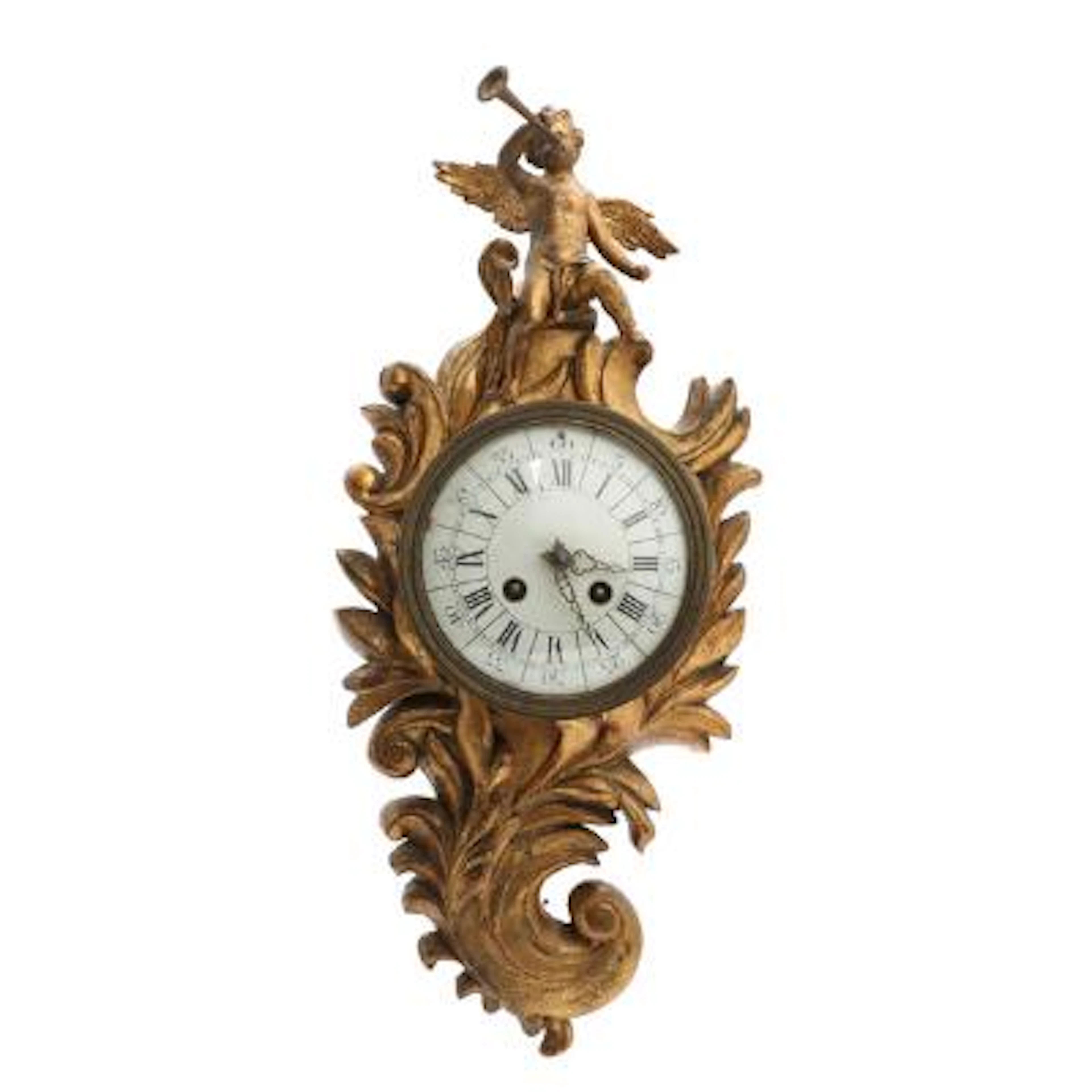 A circa 1900 French giltwood Louis XVI cartel clock, dial with Arabic